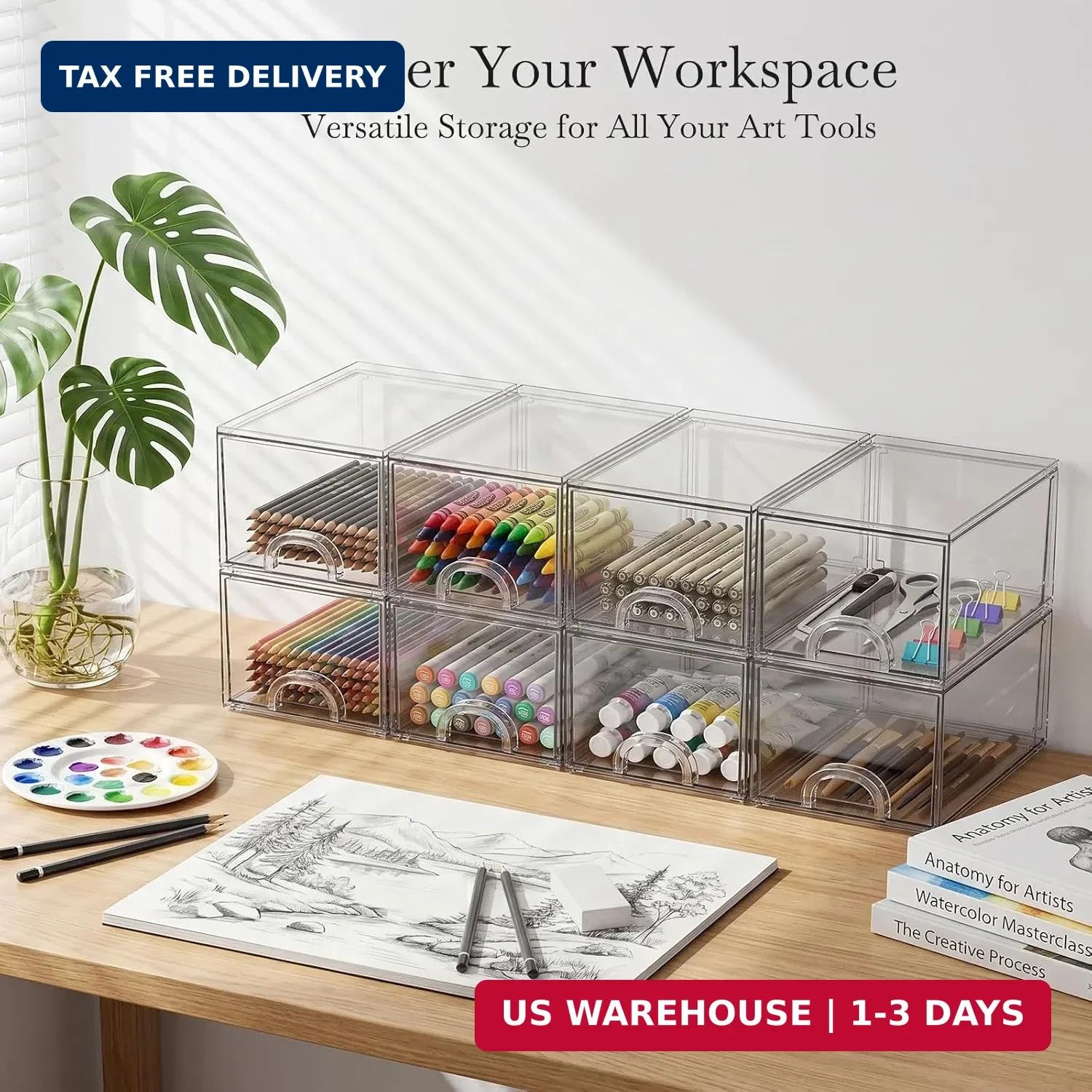 8 Pack Small Clear Stackable Acrylic Storage Boxes for Art Tool & Sketch, Storag