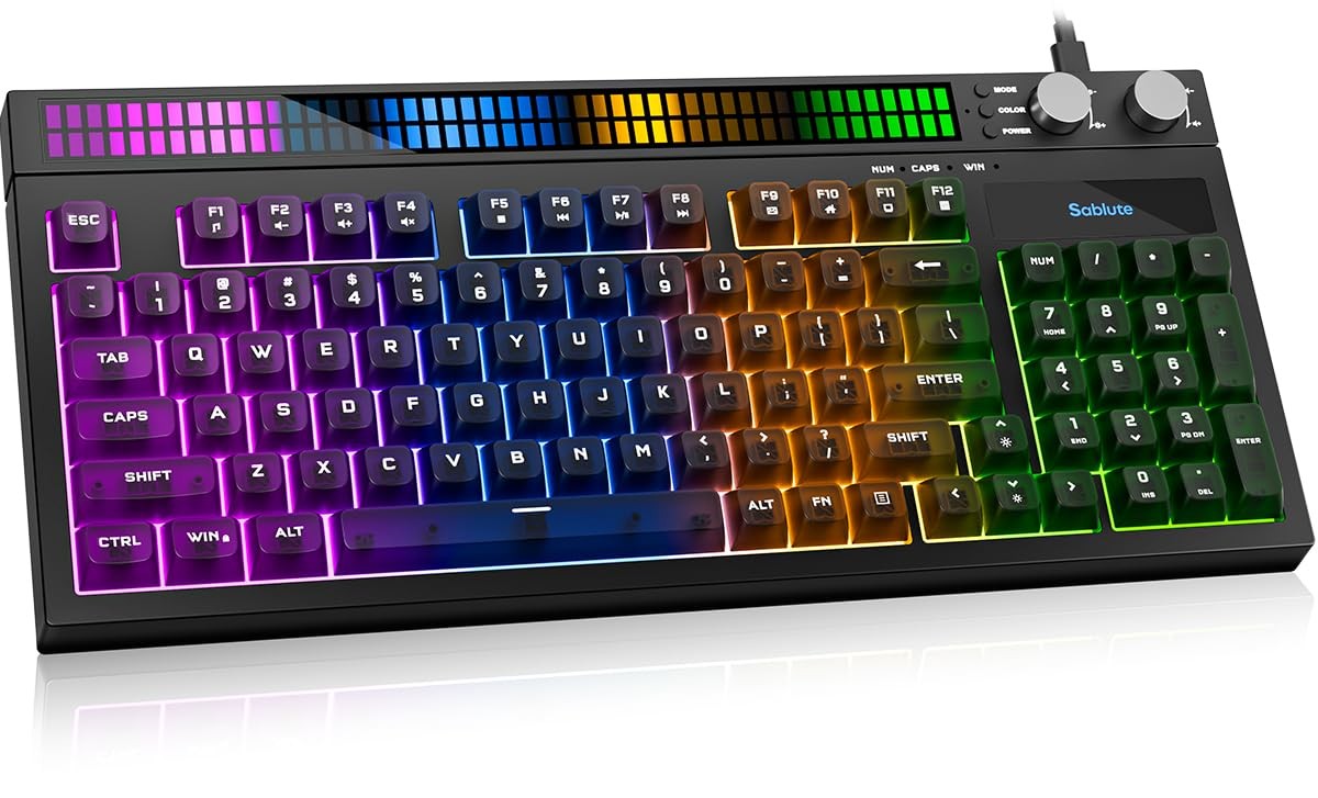Quiet Gaming Keyboard with Sound-Sync RGB LED Display, 94-Key Wired PC Gaming Ke