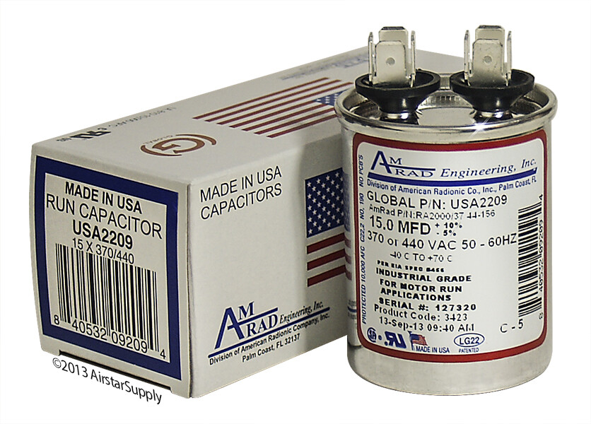 AmRad USA2209 Round Run Capacitor 15 uF MFD 370 / 440 Volt Made in USA