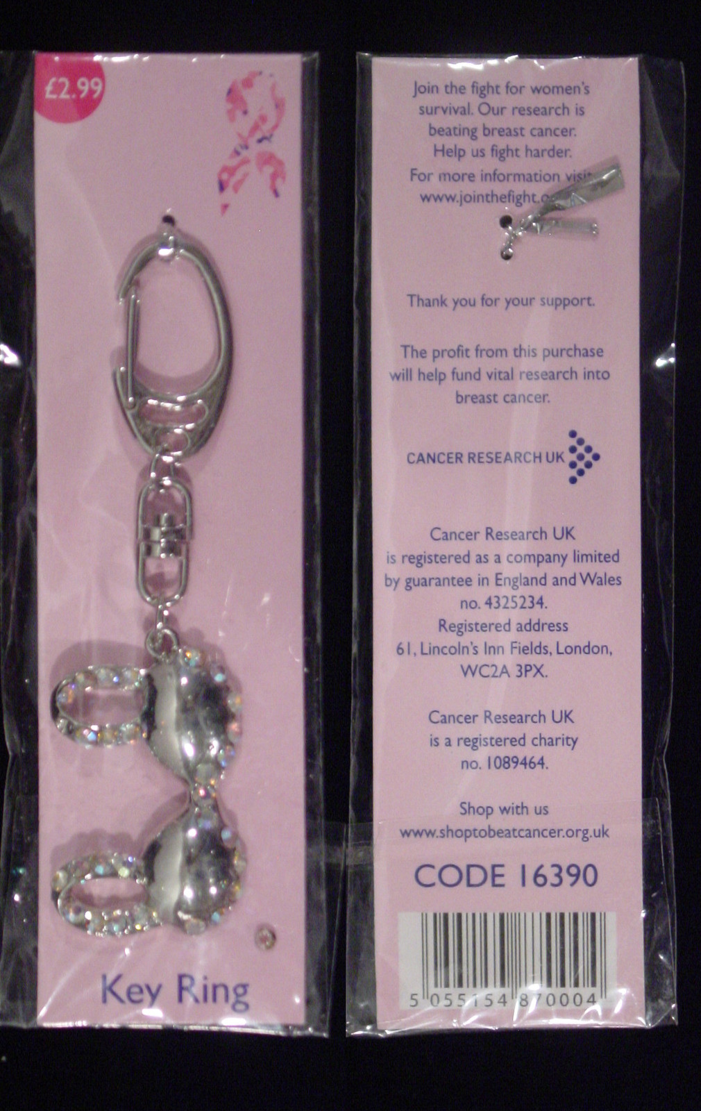 UNITED KINGDOM CANCER RESEARCH LADIES BRA W/RHINE STONES KEY RING NEW IN PACKAGE