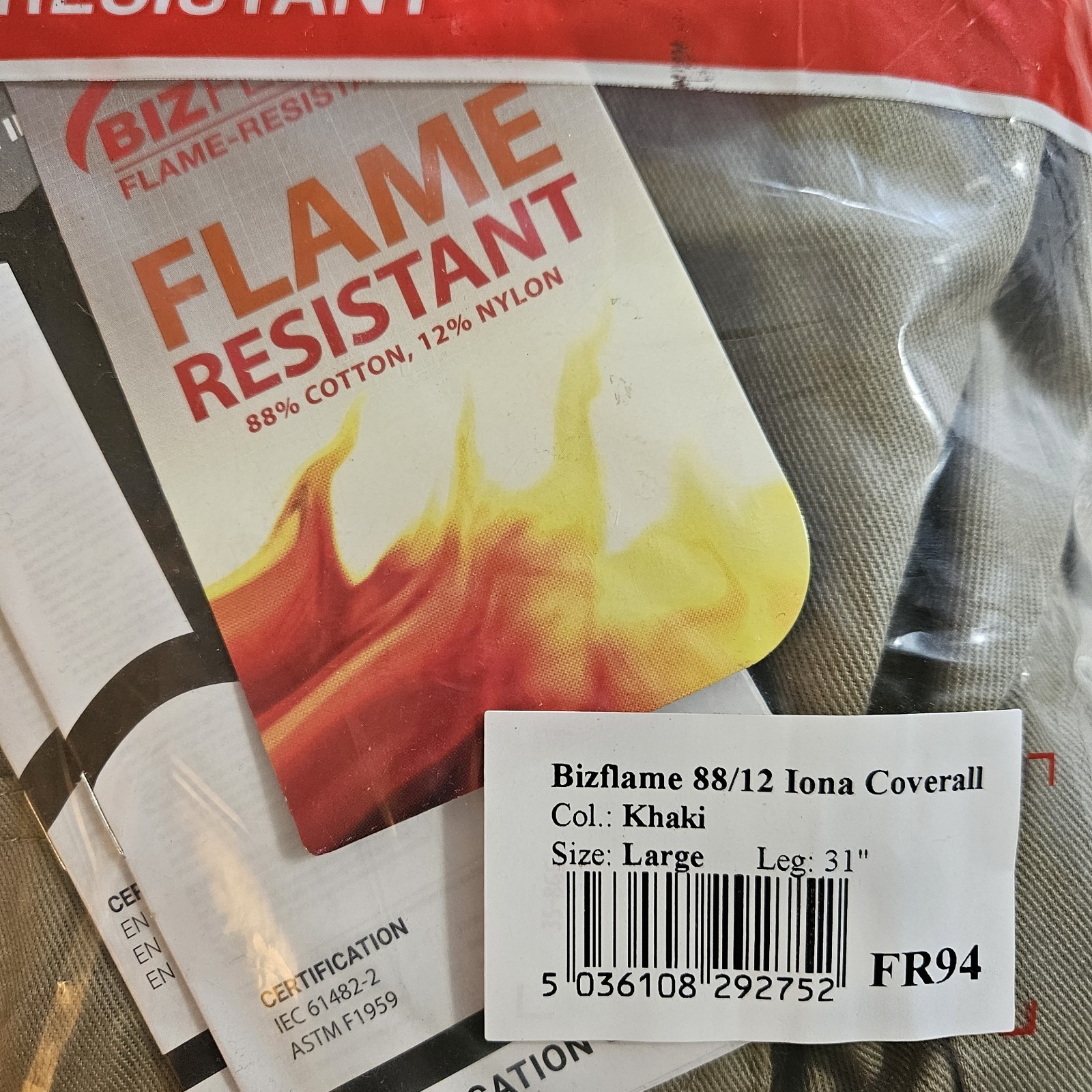 New Large Portwest FR94 Bizflame 88/12 Iona FR Coverall 31" Inseam Khaki