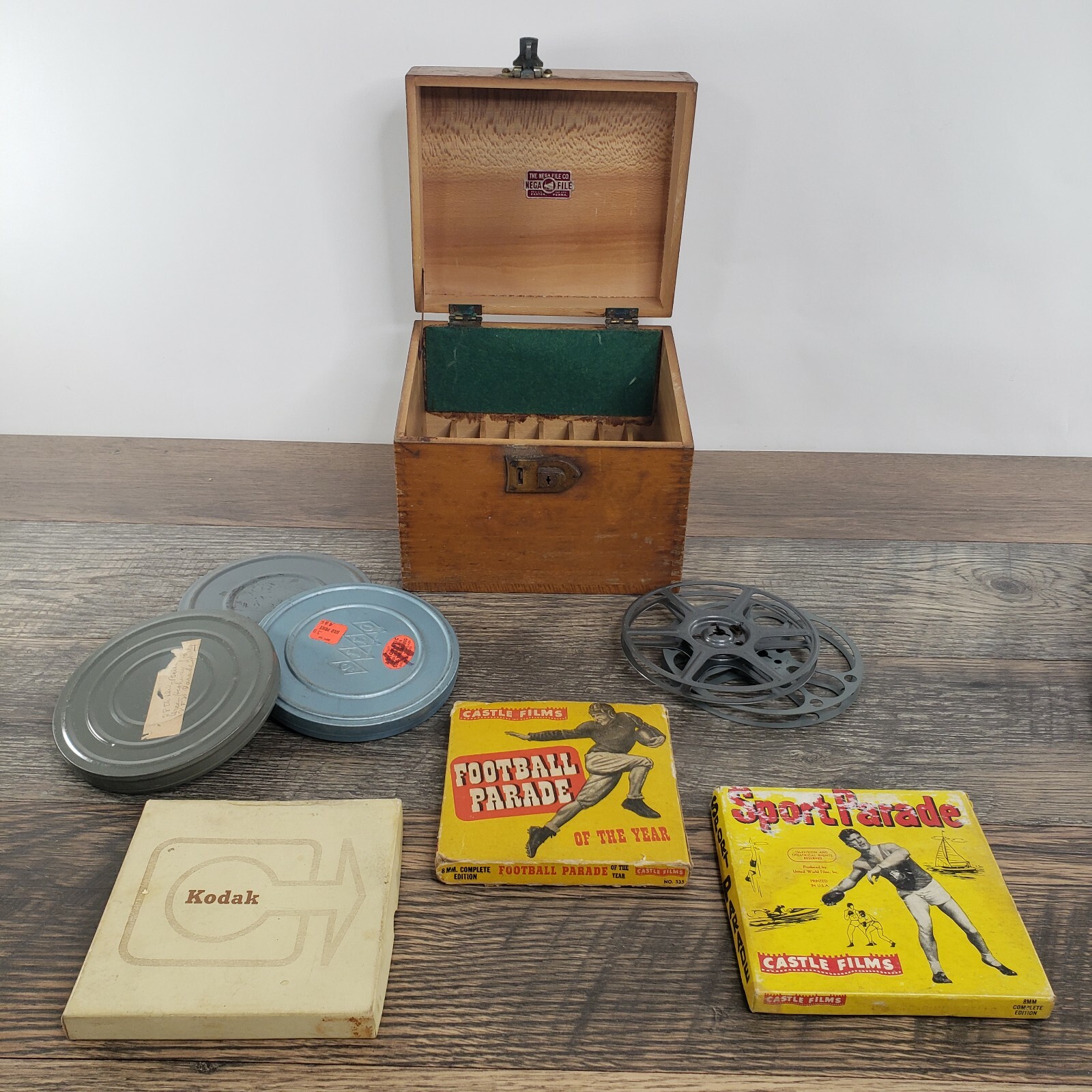 NEGA FILE 8 MM Lot Castle Film Reel to Reel Tins Genuine Wood Box Case Vintage