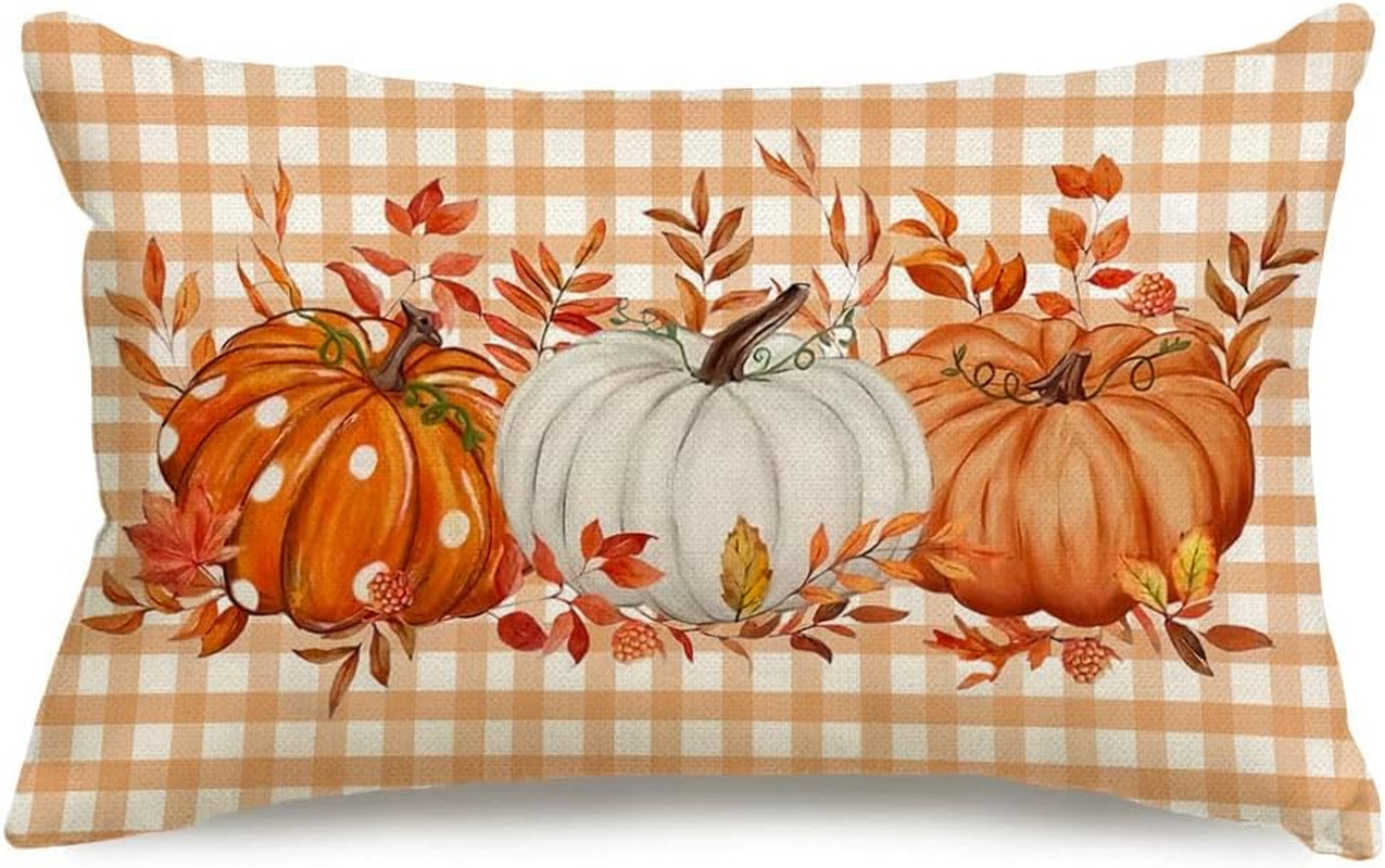 Fall Pillow Cover 12X20 Inch Orange Pumpkin Buffalo Pliad Decor