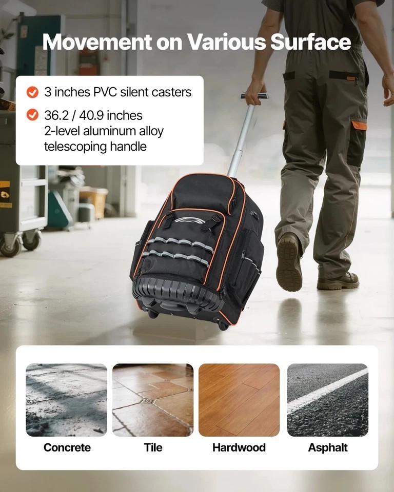 Rolling Tool Backpack, 110 lbs Load Capacity, 72 Pockets Heavy Duty Roller Tool