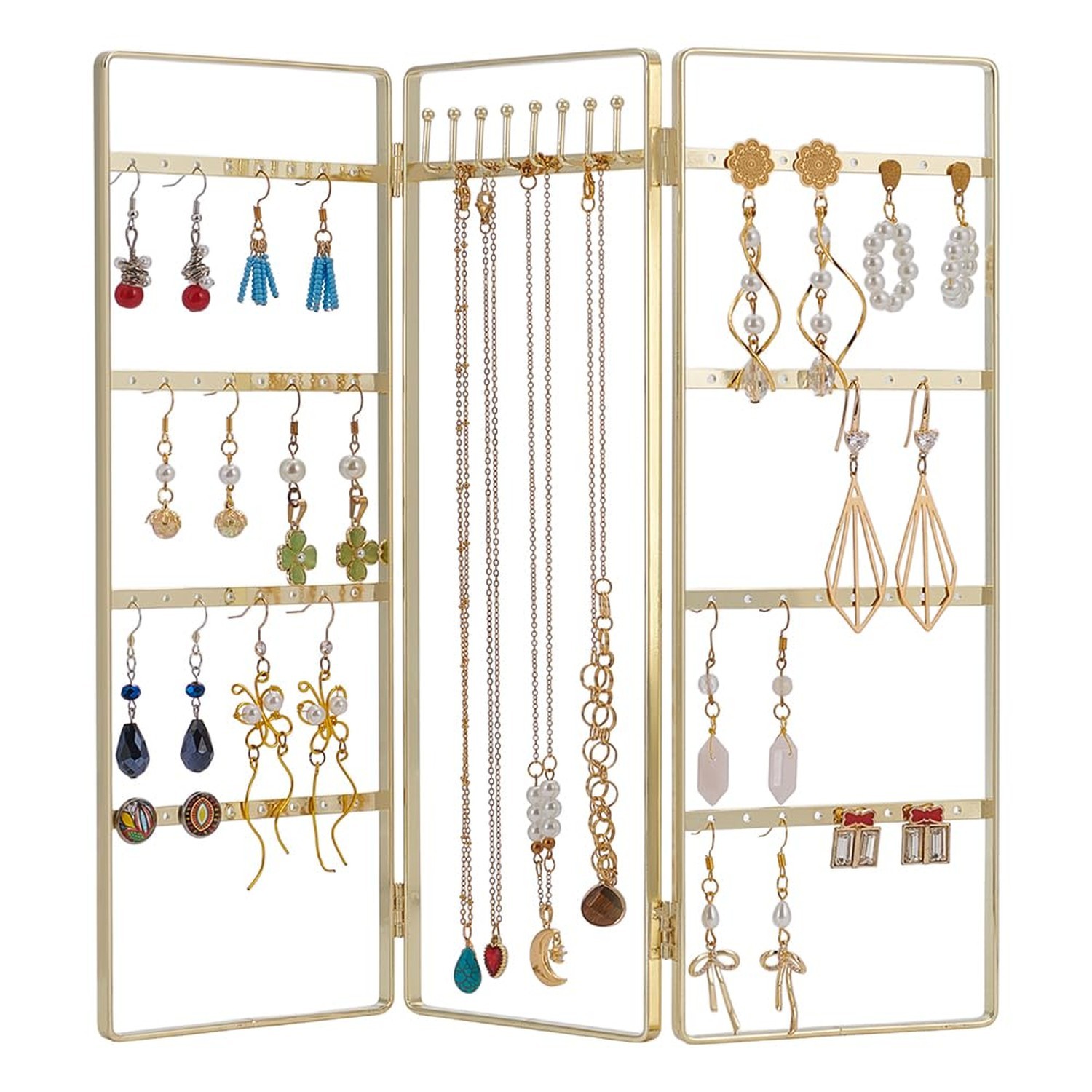 FINGERINSPIRE Gold Foldable Jewelry Rack 64 Holes and 8 Hooks Metal 3-Panel J...