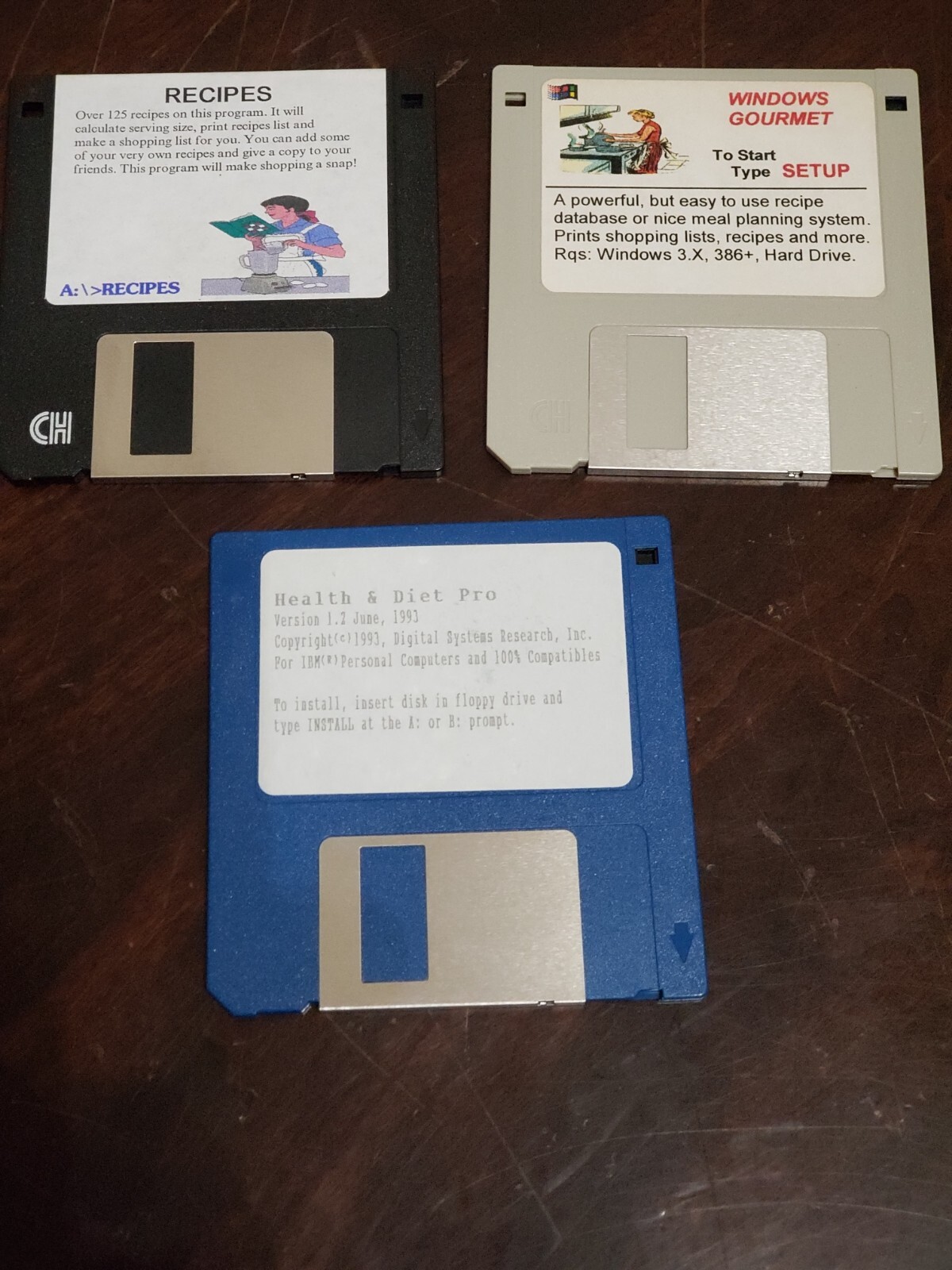 Lot Of 3 3.5" Floppy Disks HEALTH & DIET PRO Version 1.2 IBM Gormet Recipes