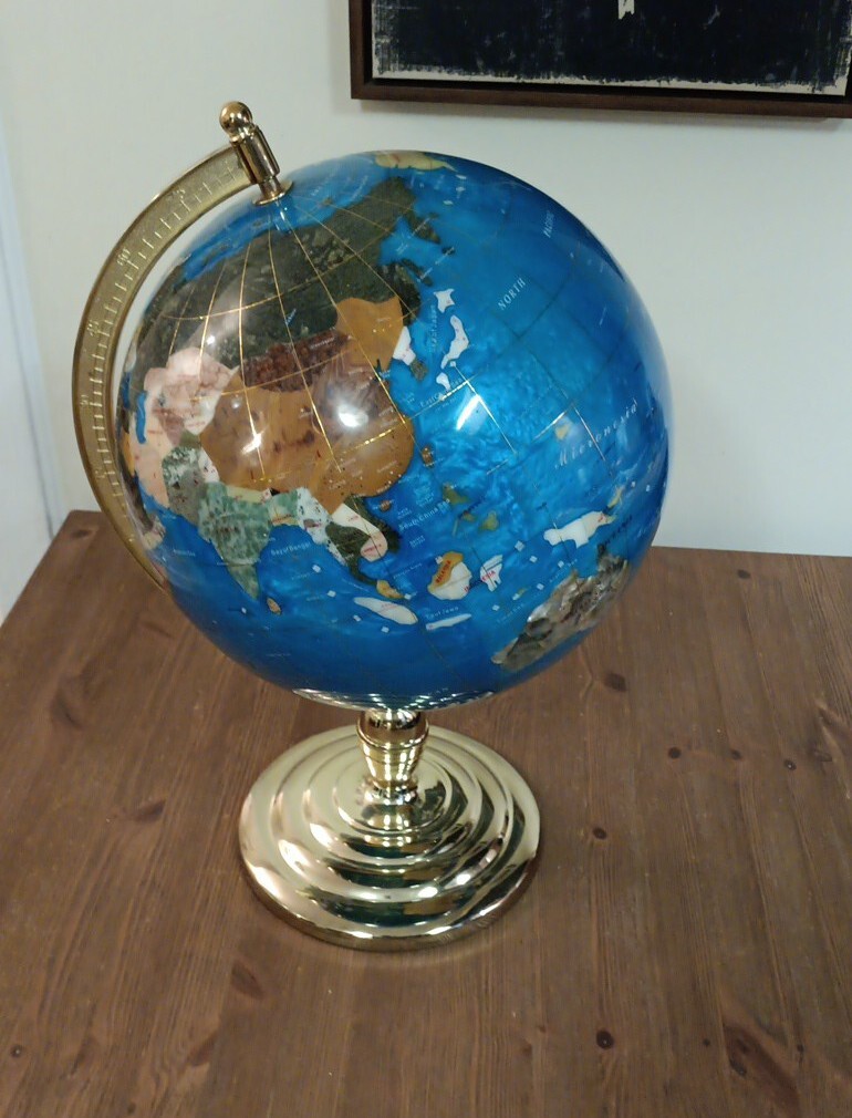 Large Blue Lapis Gemstone World Globe 21" Tall 40.5" Circumference - Brass Stand