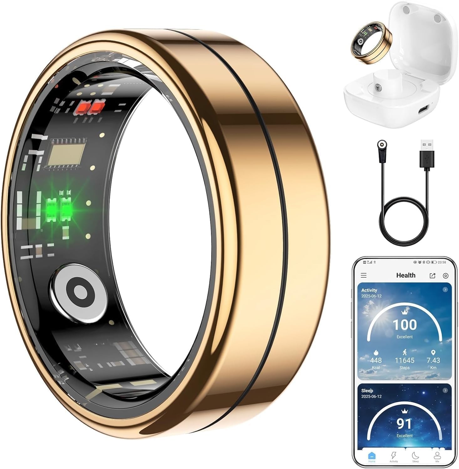 Fit Ring for Women Men, Fitness tracker with Heart Rate,Blood 12#, Gold