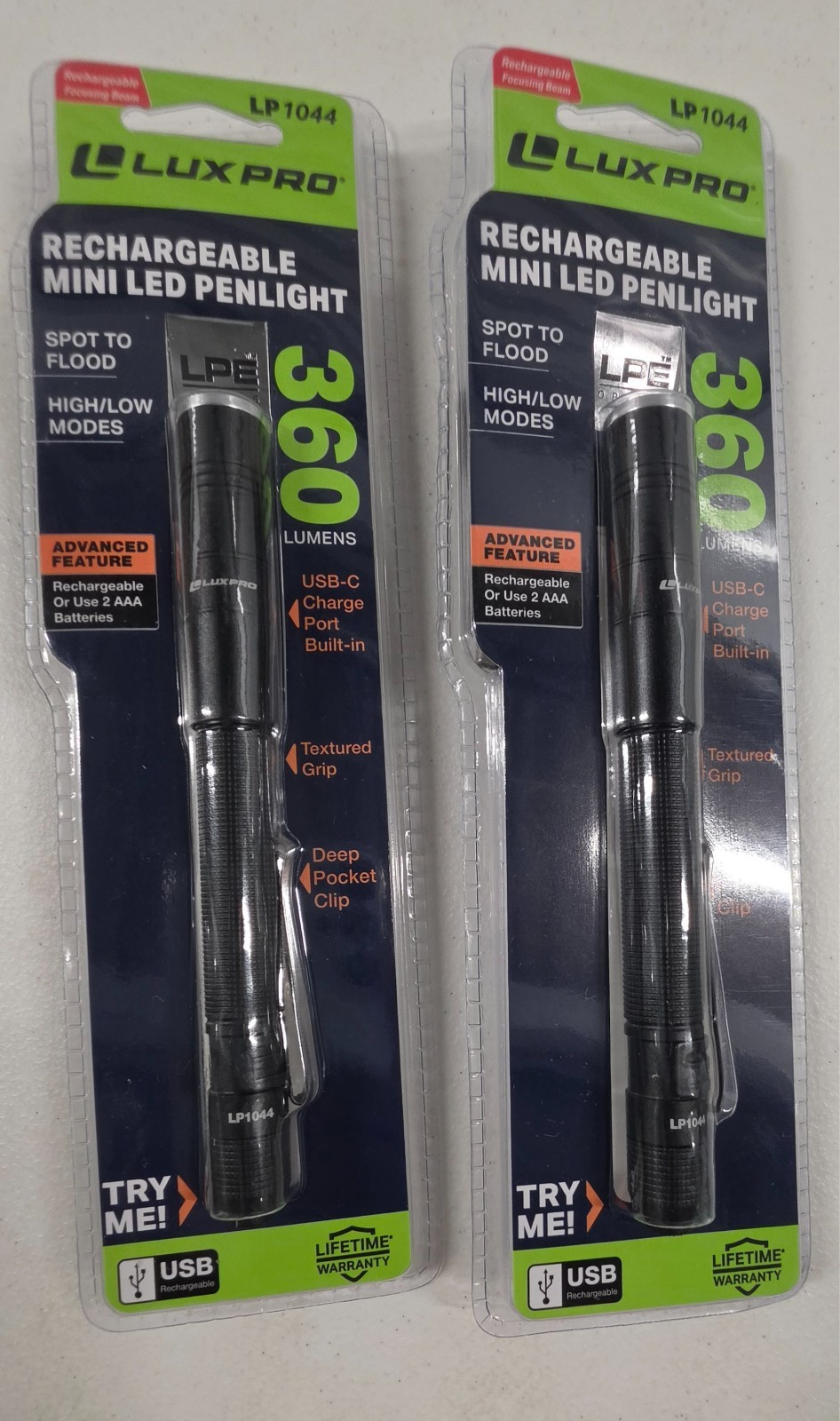 (Lot of 2) LUXPRO LP1044 Rechargeable Focusing Penlight 360 Lumen LED Flashlight