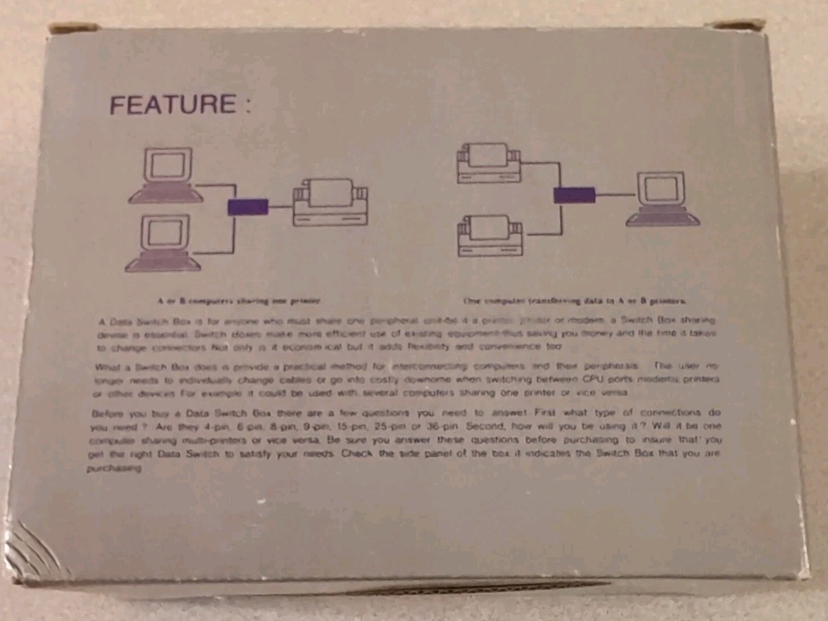 Manual Data Switch For 2 Parallel Port Printers / Devices, New in Box, Free Ship