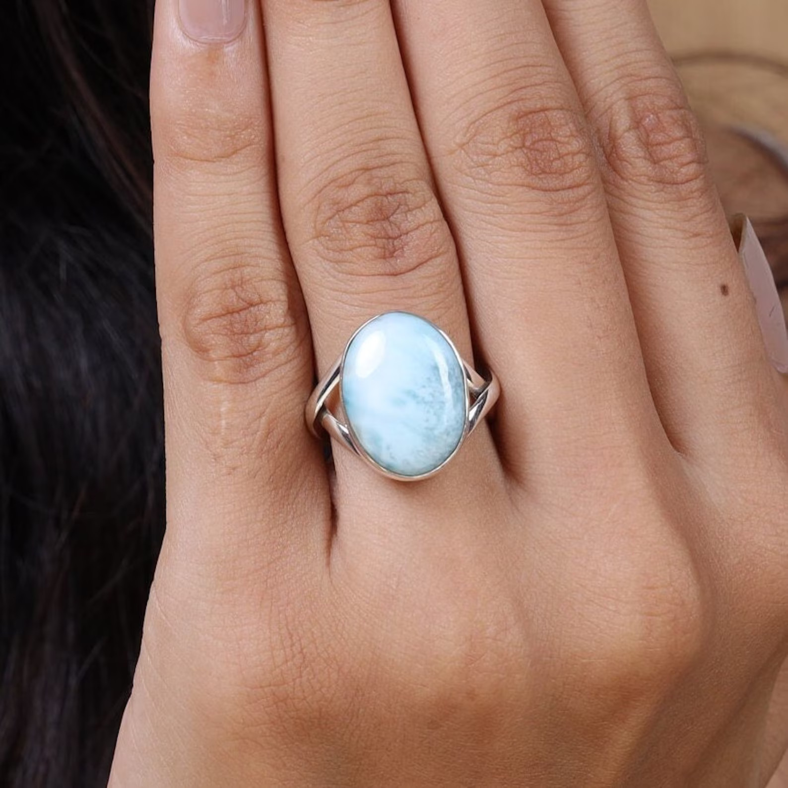 Beautiful Larimar Gemstone 925 Sterling Silver Handmade Ring Memorial Day A-39