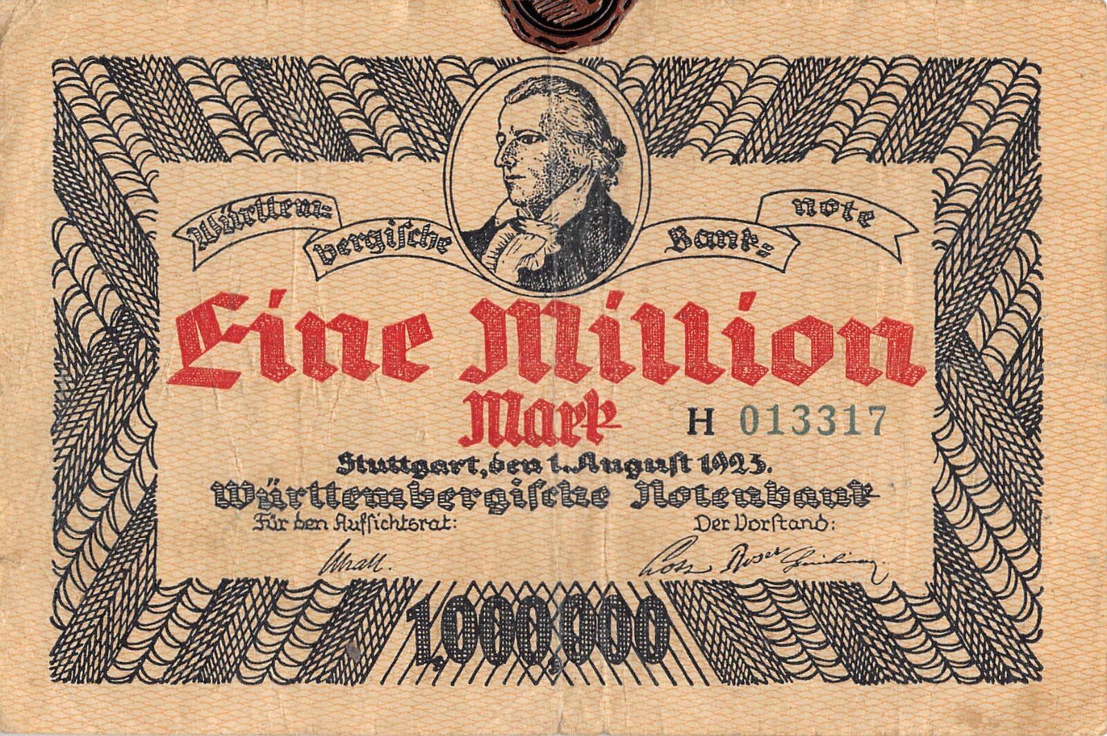 Germany / Stuttgart  1,000,000  Mark 1.8.1923  Series H  Circulated Banknote AA7