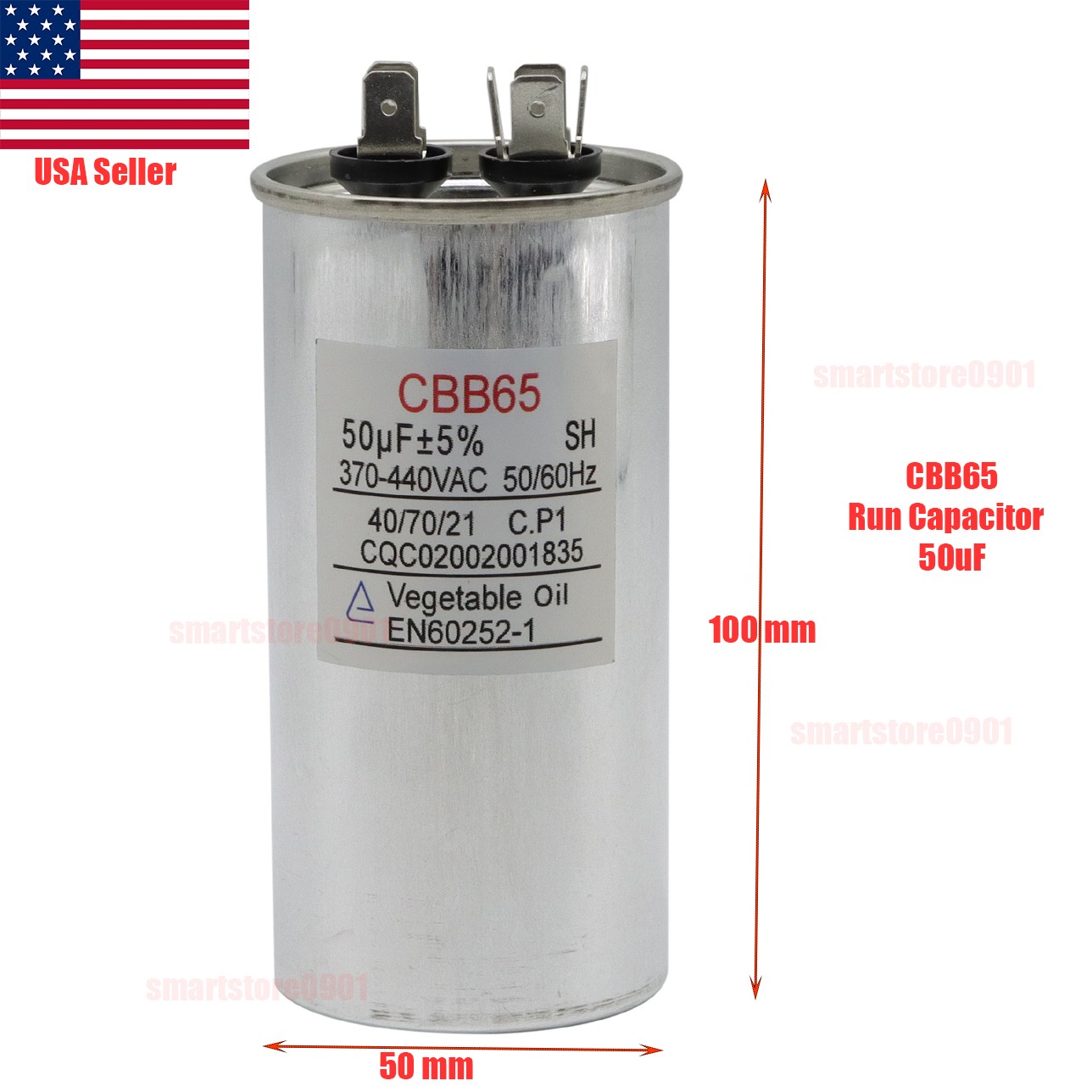 50uF MFD 370V 440V VAC Oil Filled Motor Run Capacitor 40/10/21 CBB65 50x100mm