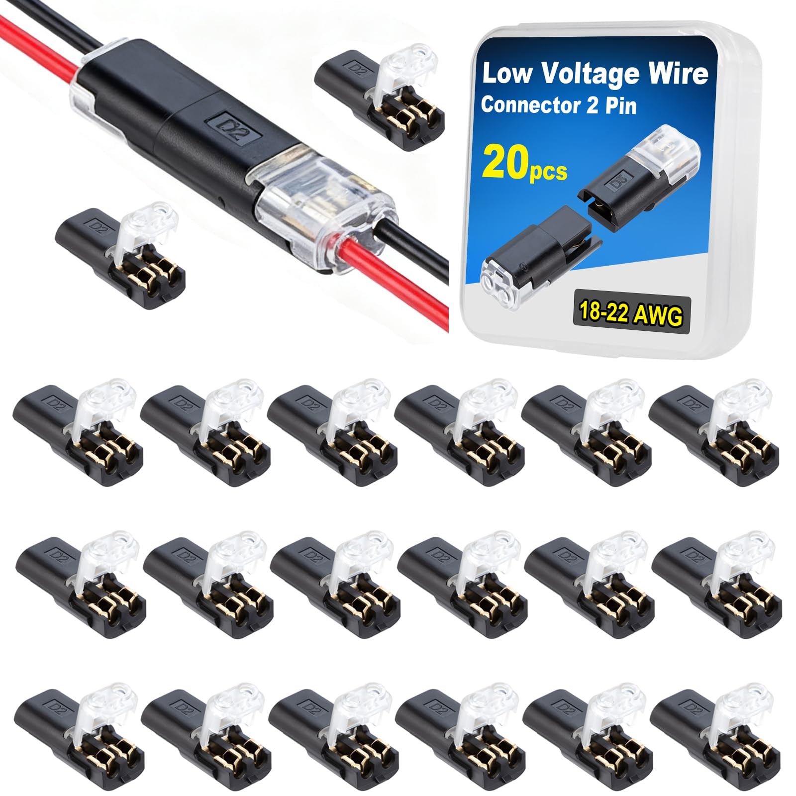 Double Wire Lock-Grip Connector, 2 Pin LED Light Strip 20 Pack, black