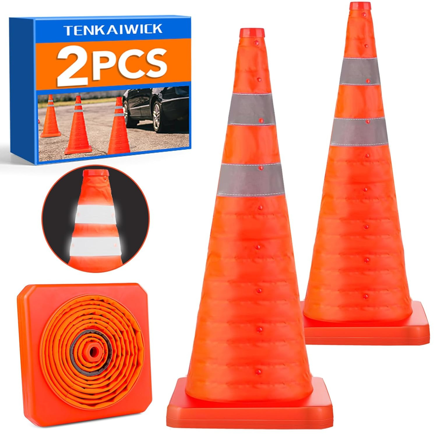2 Pack 28" Collapsible Traffic Safety Cones - Reflective Parking Training