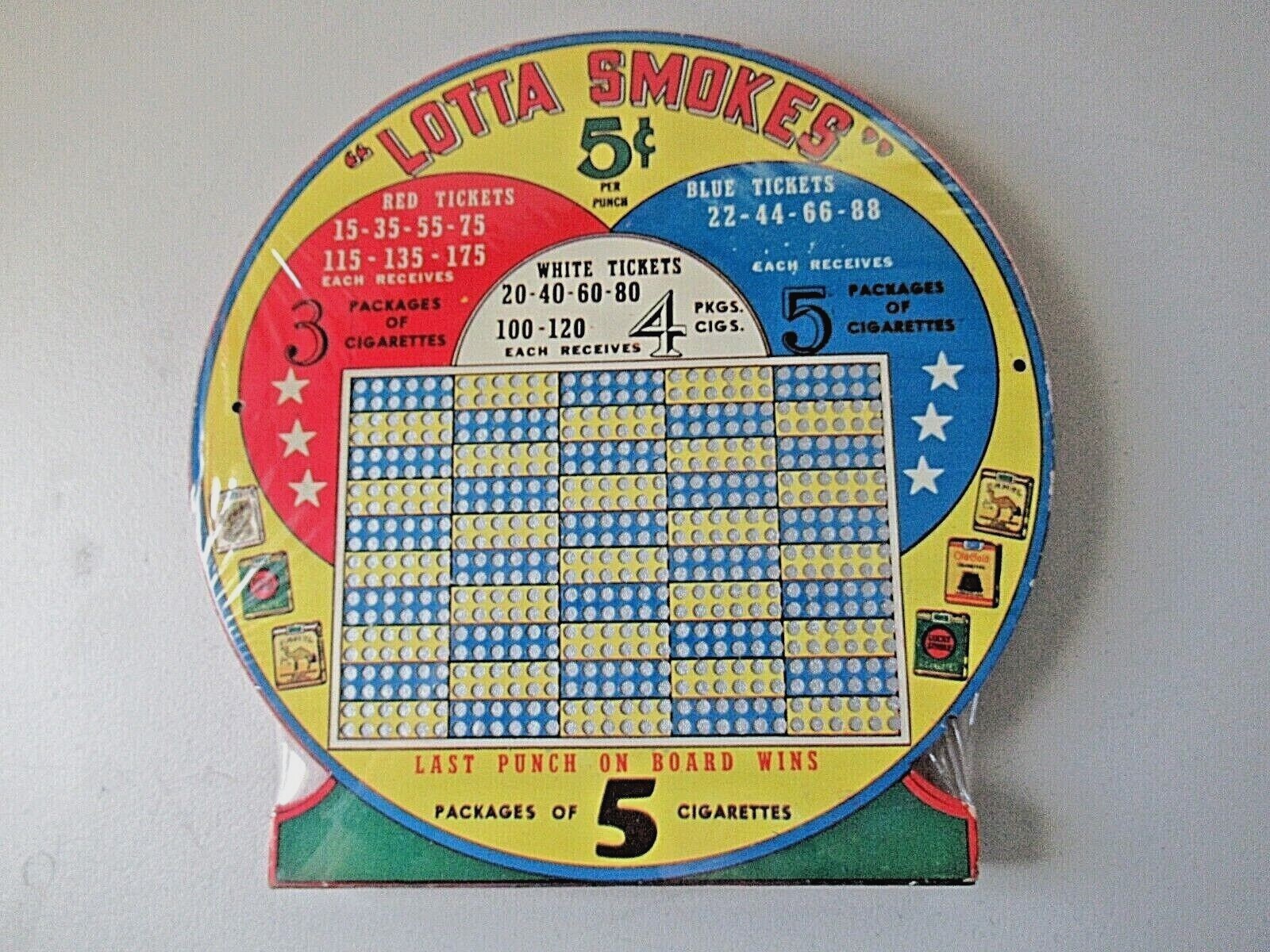LOTTA SMOKES 5 Cents Punchboard UNUSED Tavern Memorabilia Lottery Games  Sealed