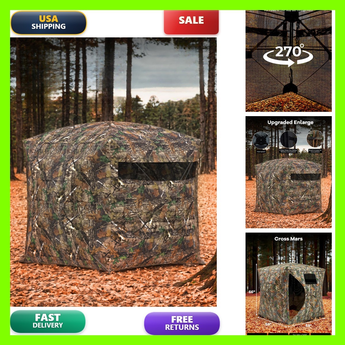 Hunting Blind 270° See Through Ground Deer Turkey 2-3 Person Waterproof Camo