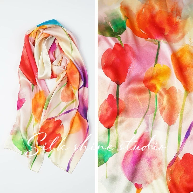 Elegant Pink Tulip pattern 100% Mulberry Silk Scarf Shawl-oblong -68"x20"