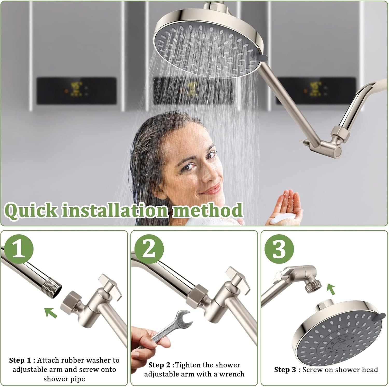 Rain Shower Head Extension 12 Inch Adjustable Brushed Nickel