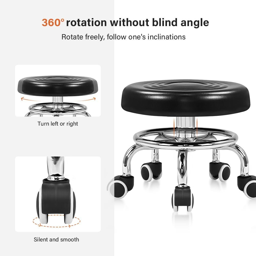 Black Roller Seat PU Leather Rolling Stools with Wheels Nail Stool for Home Work