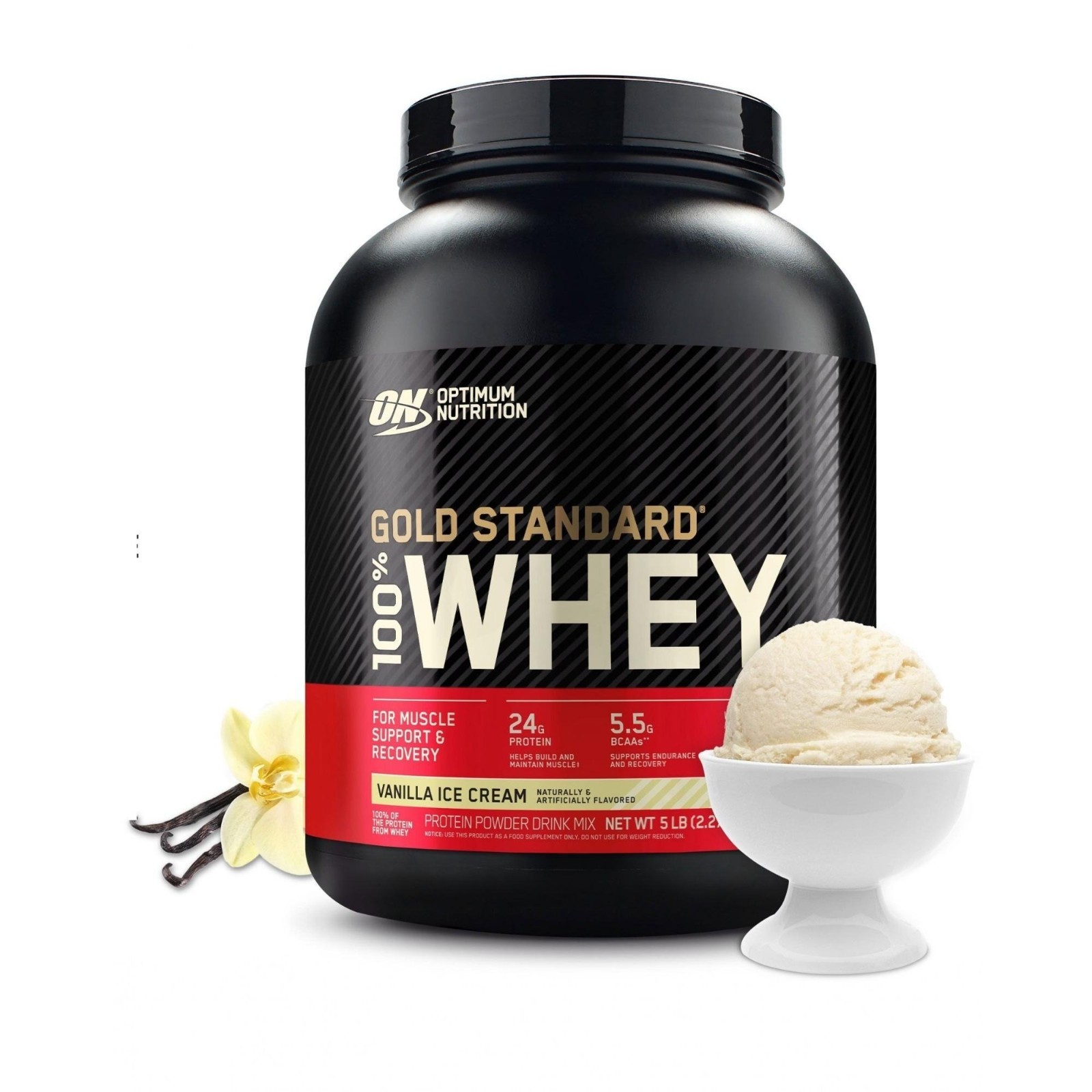 Optimum Gold Standard 100% Whey Protein Powder, Vanilla Ice Cream, 5LB 7/2027