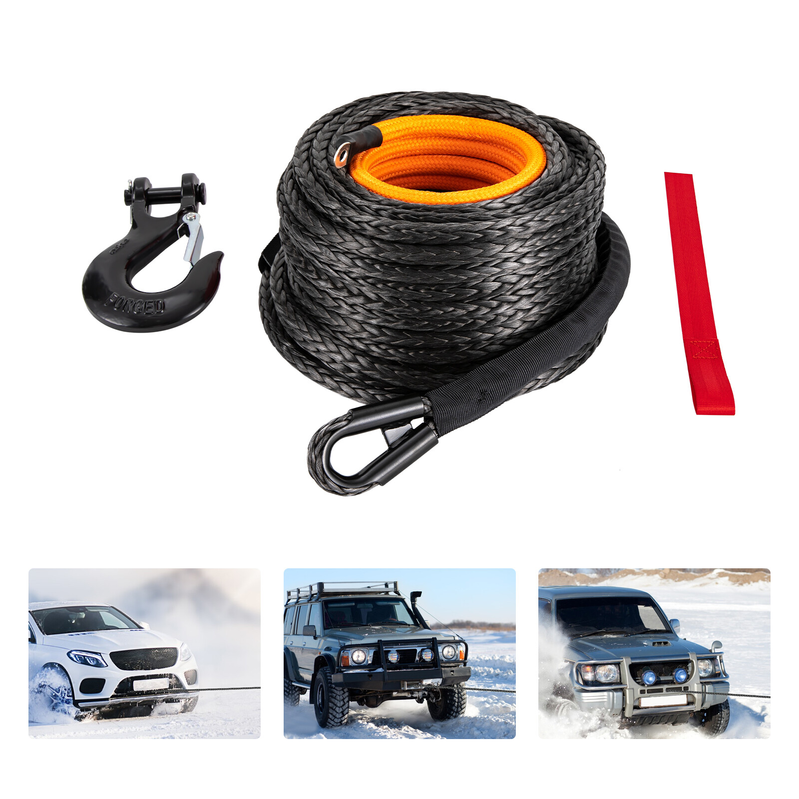 Black 1/2x92ft Synthetic Winch Rope w/ Hook Car Tow Recovery Cable Tow 31500LBS