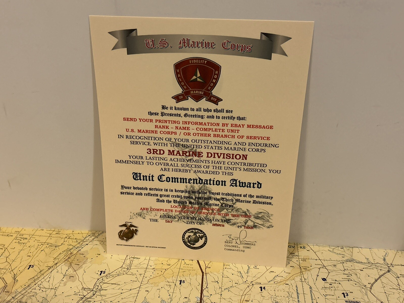 U.S.M.C. / 3RD MARINE DIVISION ~ UNIT COMMENDATION AWARD / CERTIFICATE