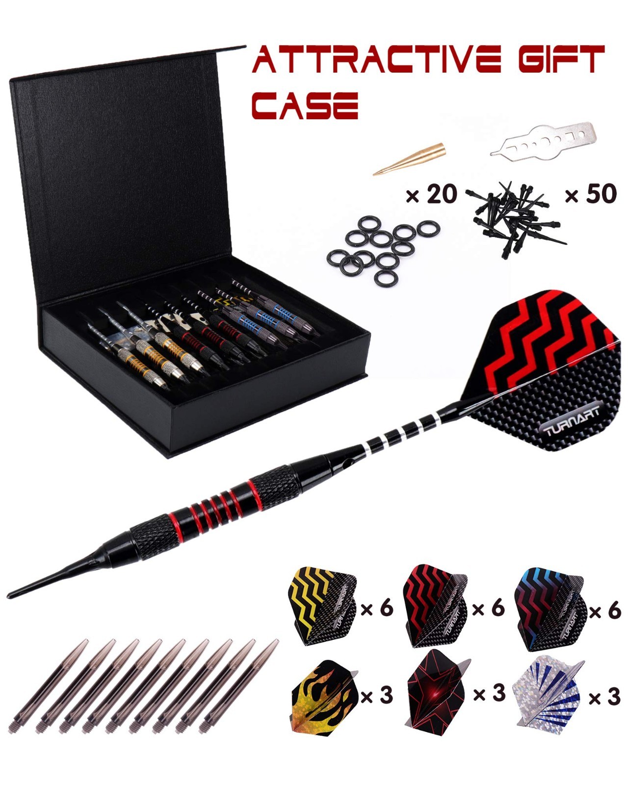 Professional Soft Tip Darts Set - 9 Pcs 18g for Electronic Dartboard + 50 Tips &