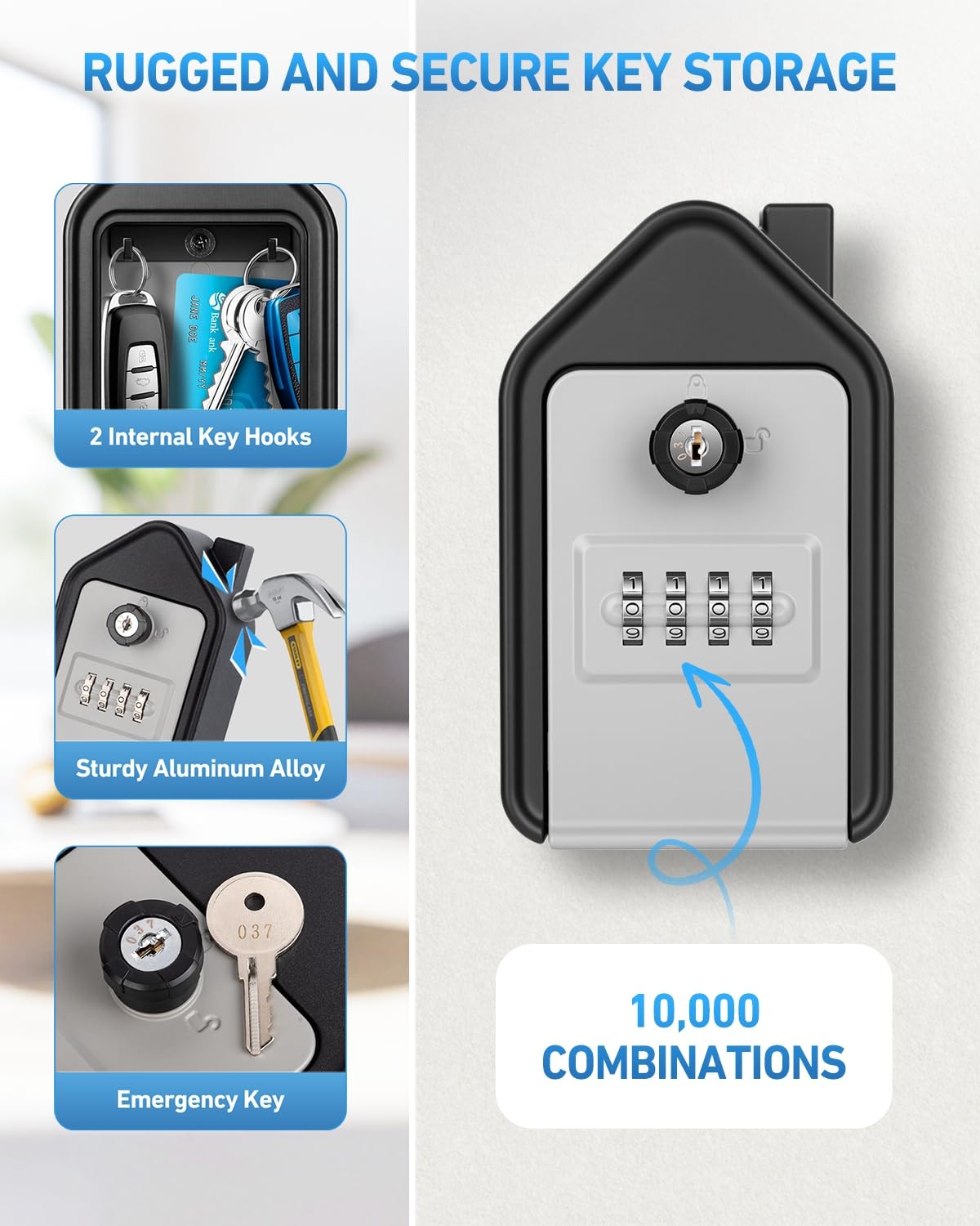 Wall Mounted Lock Box, Large Key Lock Box with Key, 4-Digit Combination Lock,...