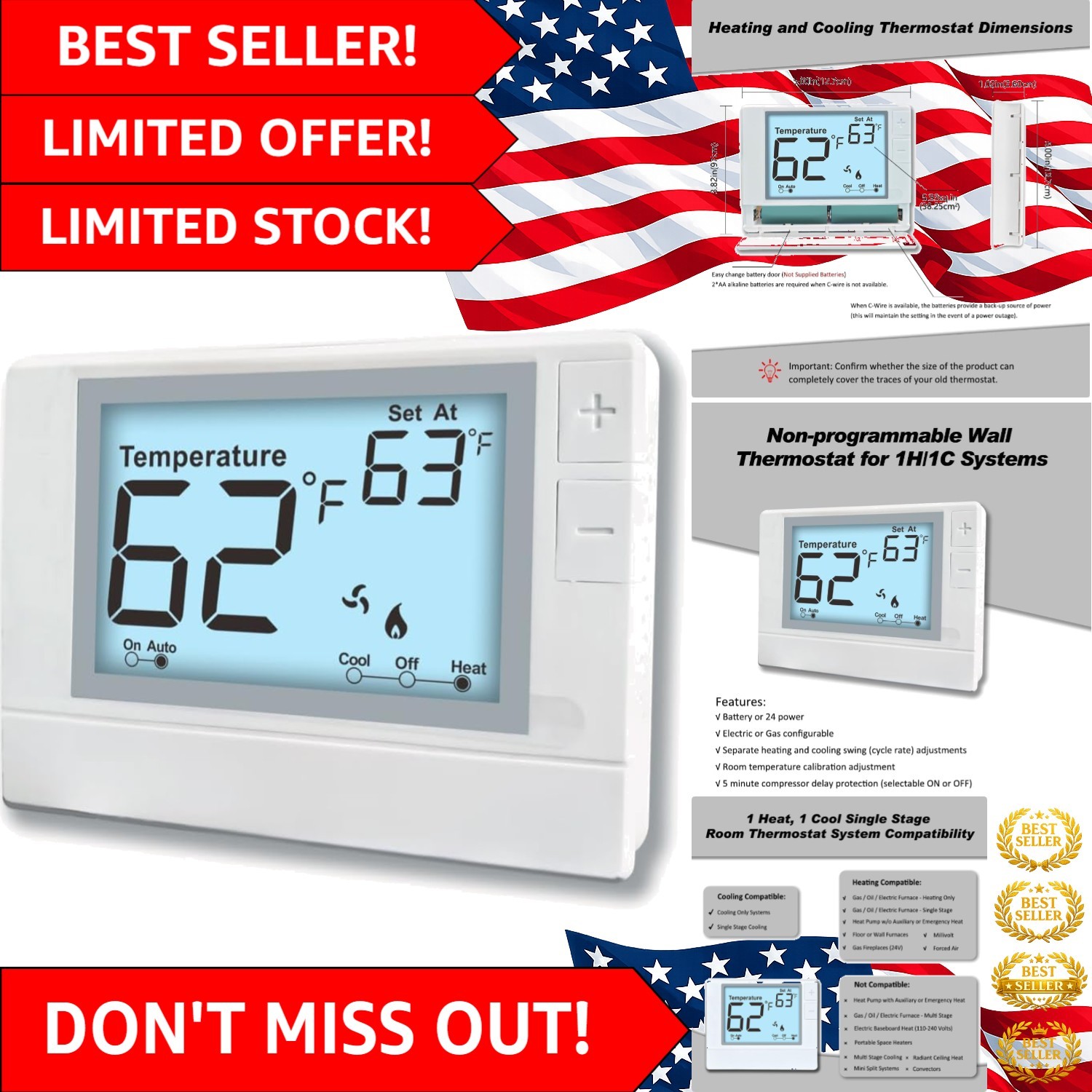 Thermostat for Conventional Systems - Non-Programmable with Touch Control LCD