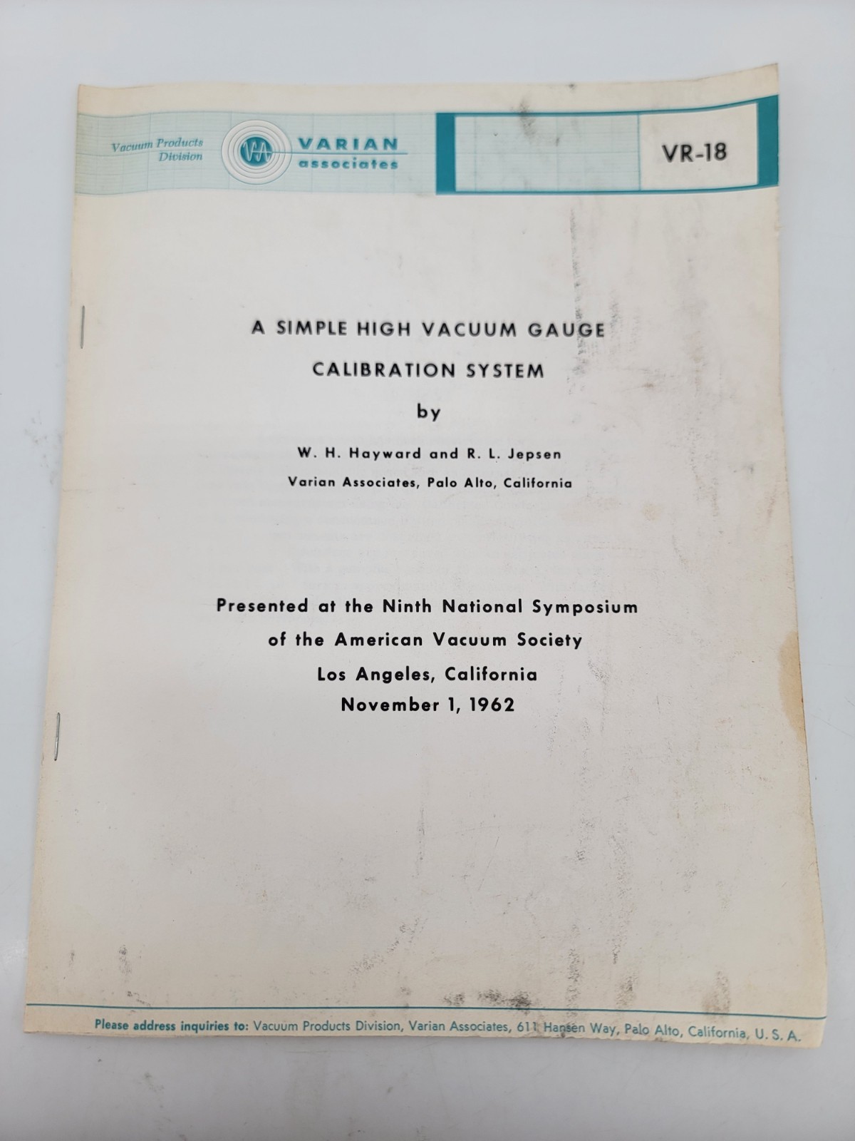 A Simple High Vacuum Gauge Calibration System Varian 1962 Manual
