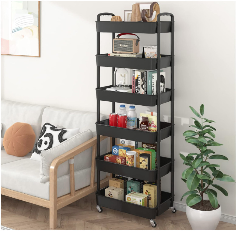 6-Tier Rolling Utility Cart with Handle, Storage Organizer on Wheels, Black