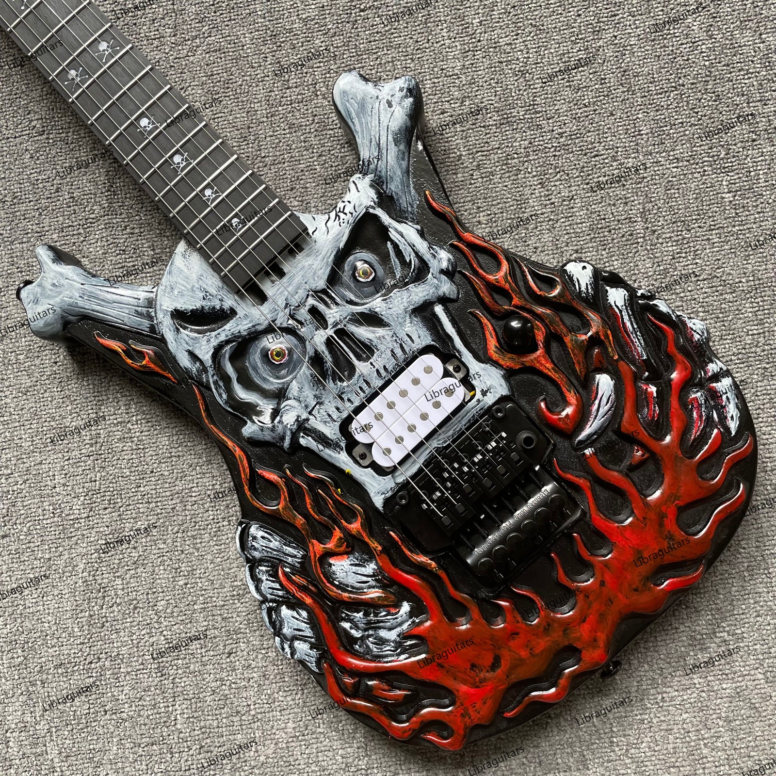 Electric Guitar Black Skull H Pickup Stainless Rounded Fret Edge Tremolo Bridge