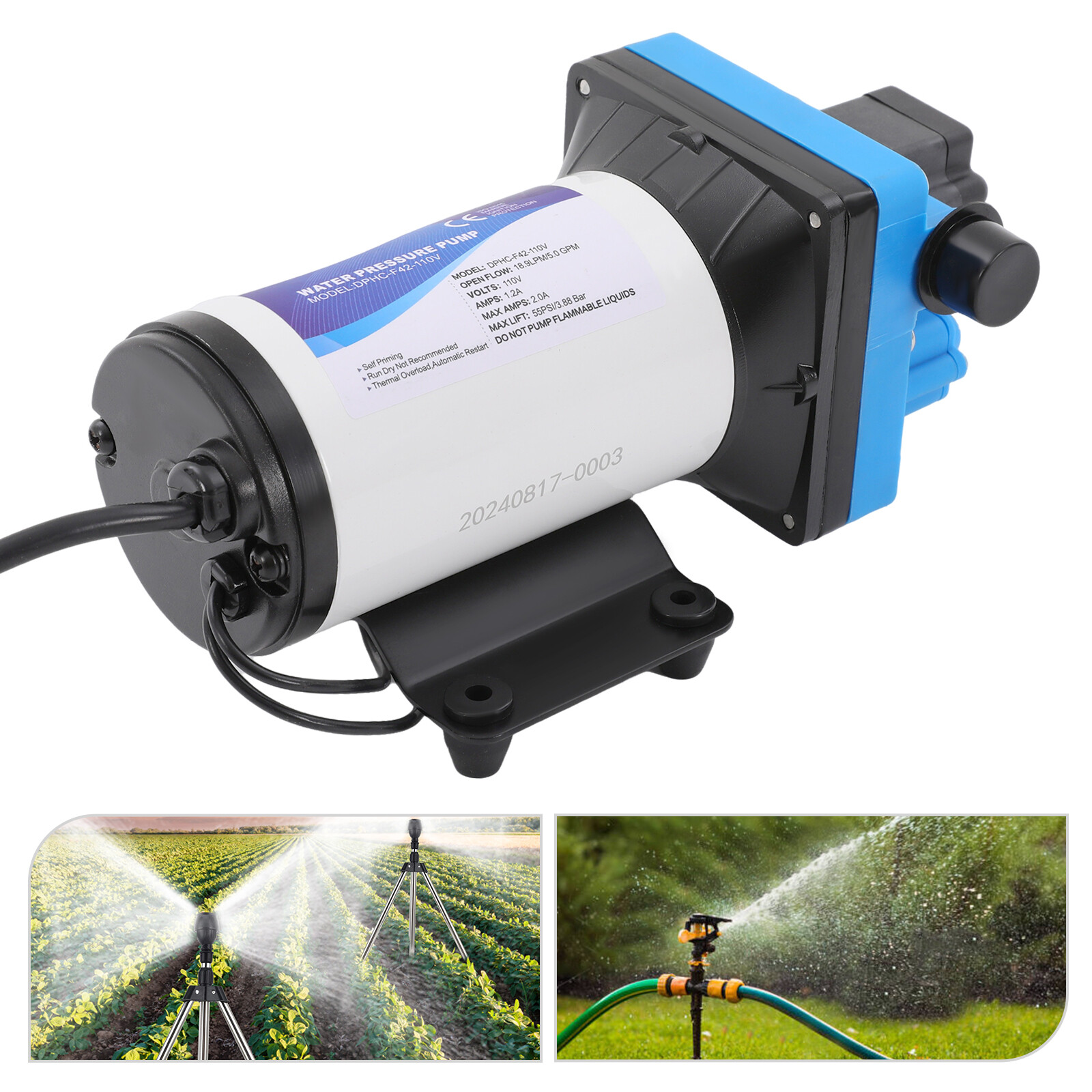 110V Self Priming Water Pressure Diaphragm Pump 55 PSI for Home/Caravan/Marine