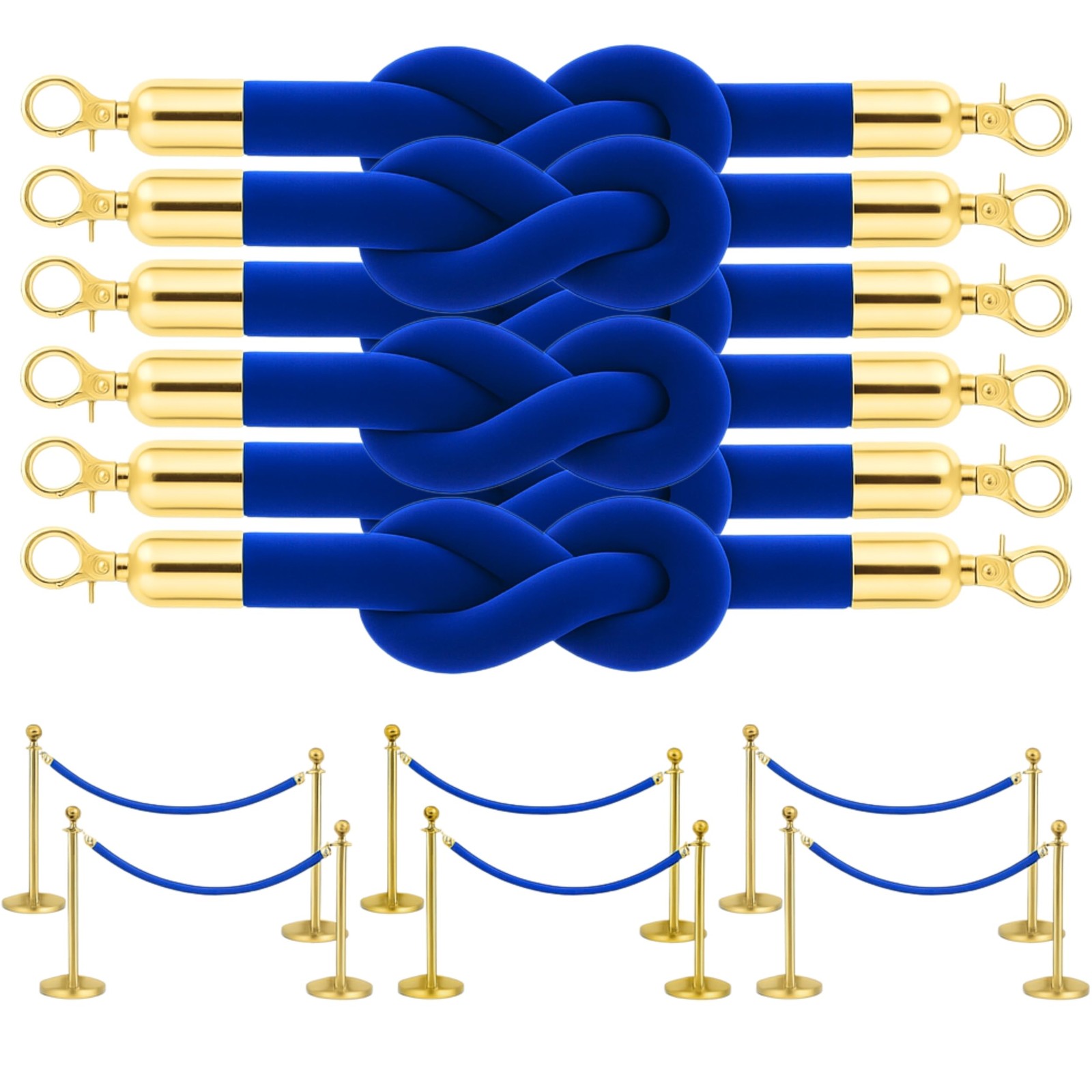 6 PCS 5 Foot Blue Velvet Rope Gold Hooks Stanchion Events Crowd Control VIP