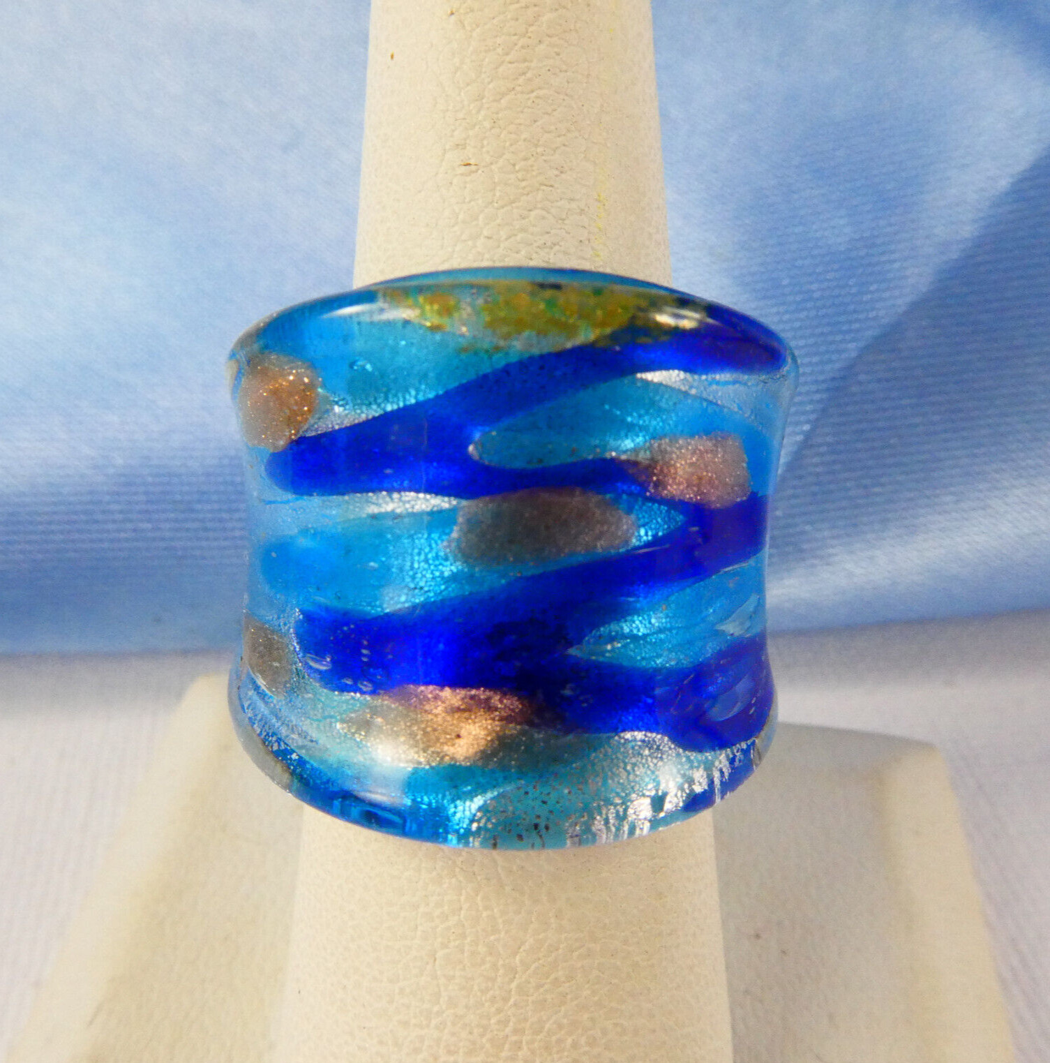 Shades of Blue Dichroic Glass RING Size 6.75 Wide Beautiful BLUE!