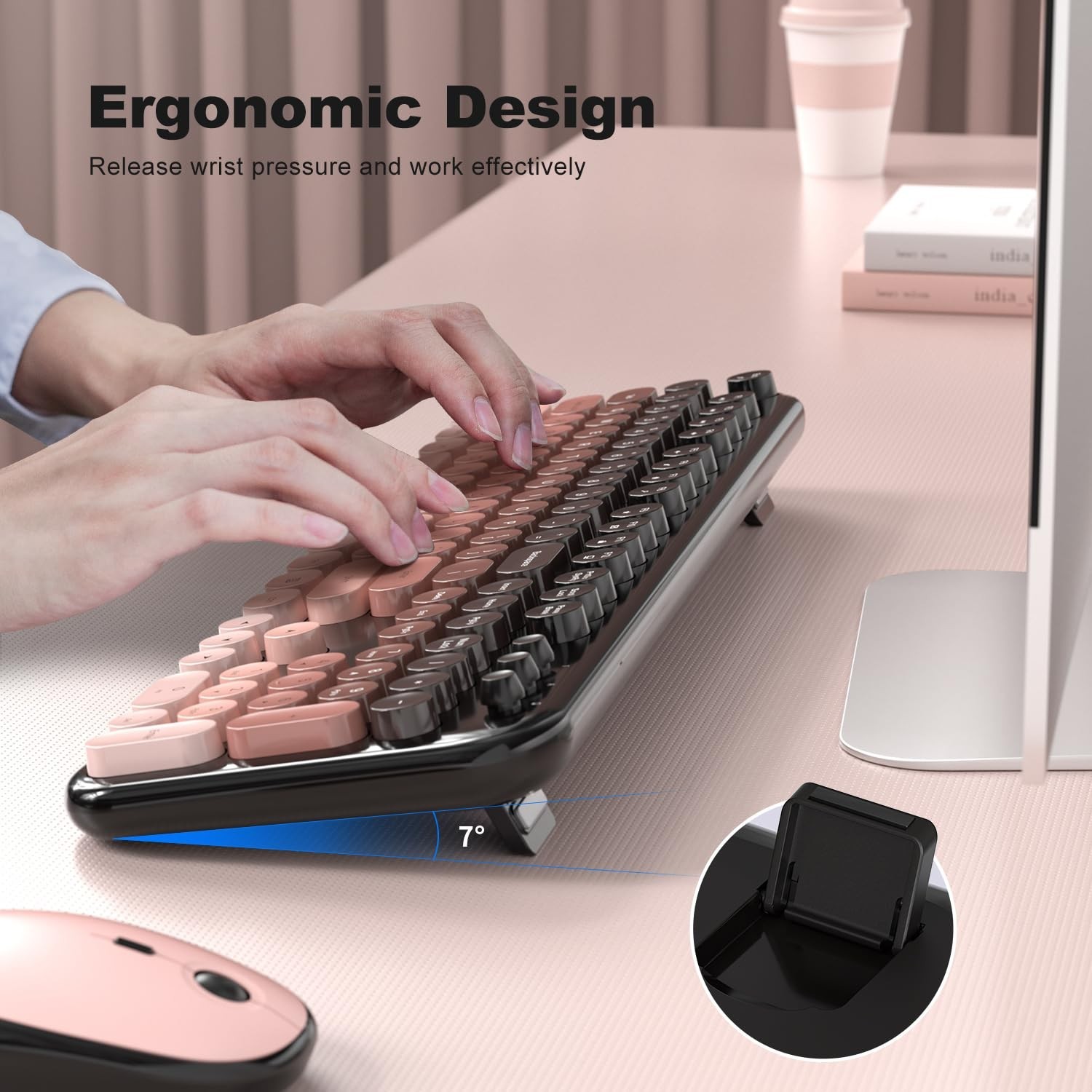 Wireless Keyboard and Mouse Combo, Typewriter Full Size Retro Keyboard with N...
