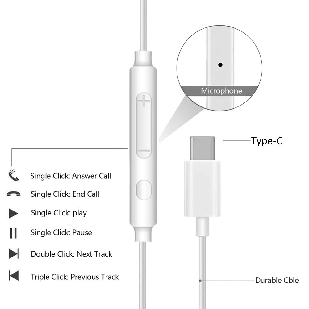 2 Pack USB C Headphones for iPhone 16 15 Pro Max Plus 2 Pack(White), White