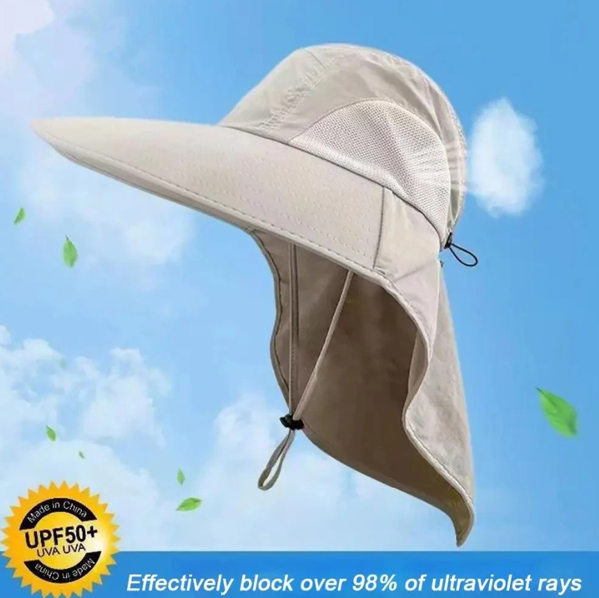 1pc Wide Brim Sun Hat with Neck Flap 50+ UPF Protection Outdoor Safari Cap - NEW