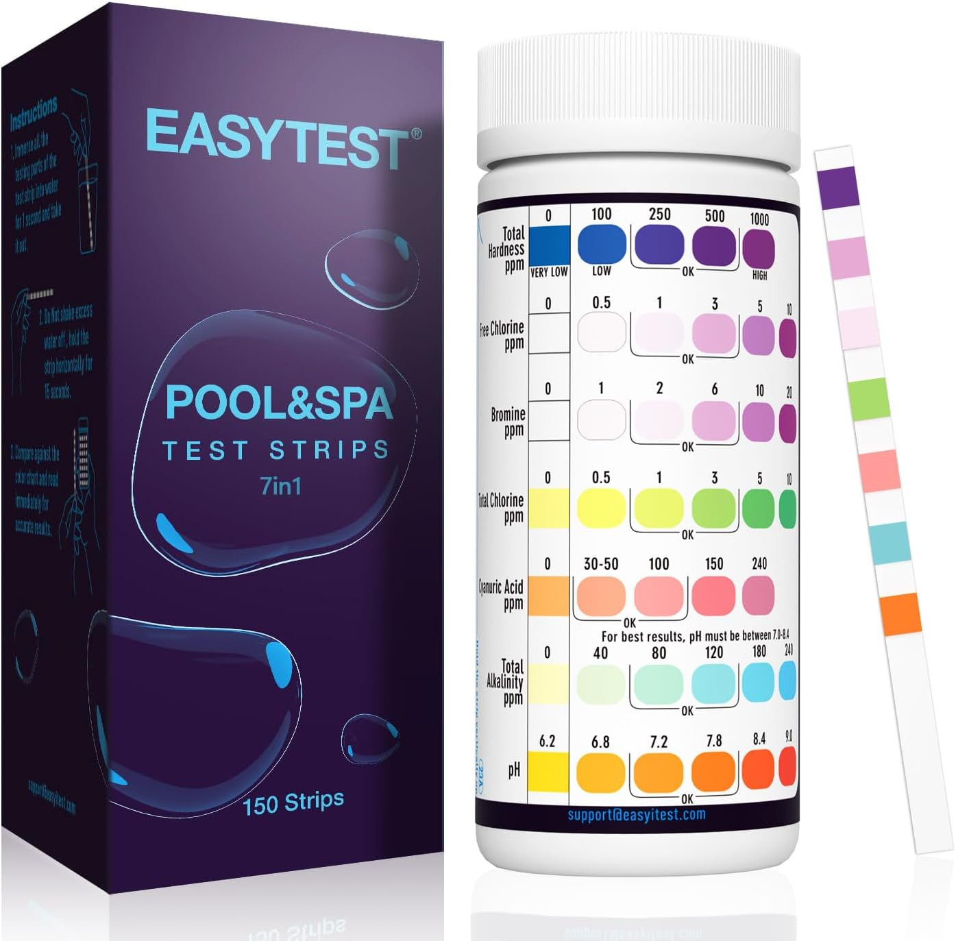7-Way Pool Test Strips, 150 Strips Water Chemical Testing for Hot Tub and Spa, A