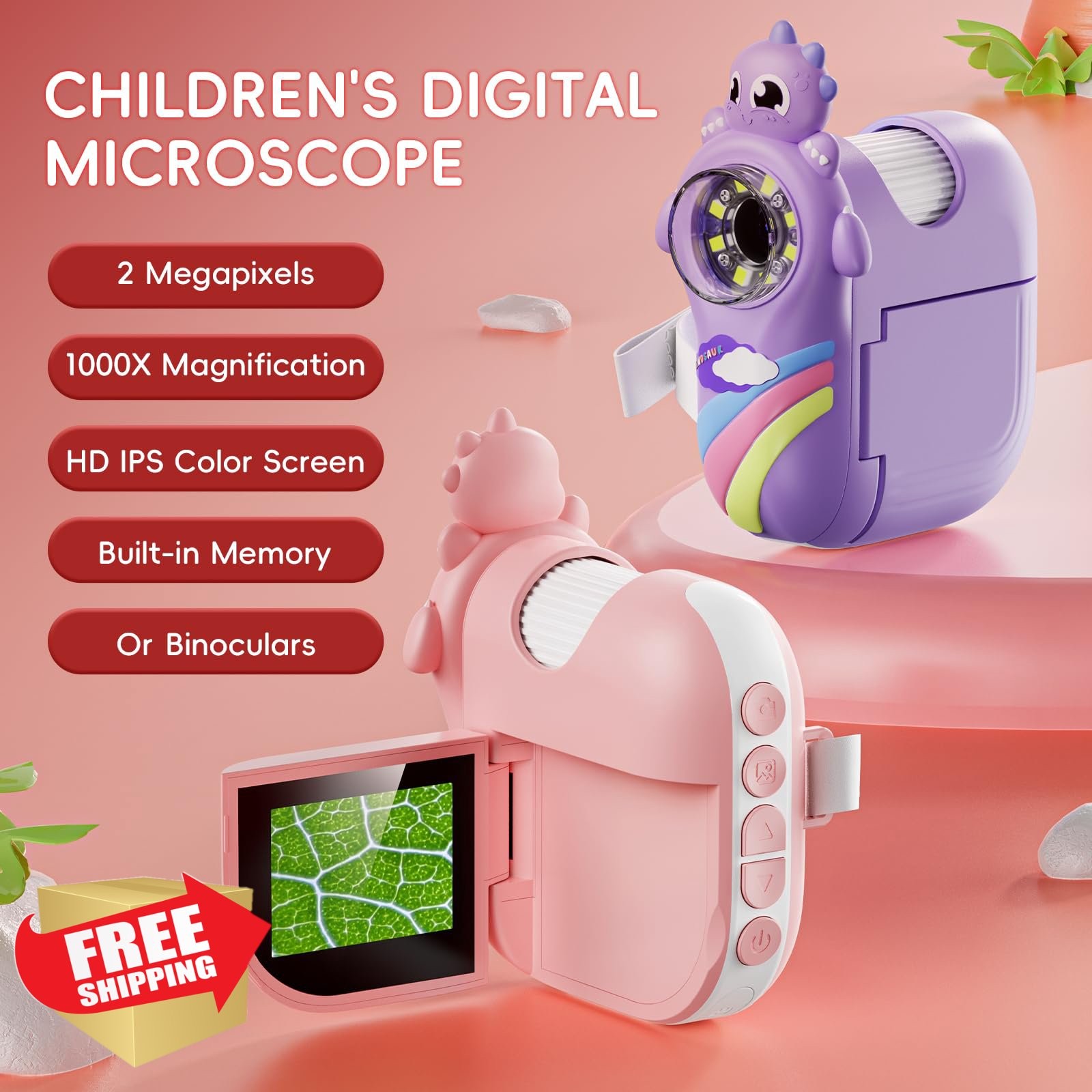 Kids Handheld Microscope with Photo/Video, LCD Screen - Pink Science Toy