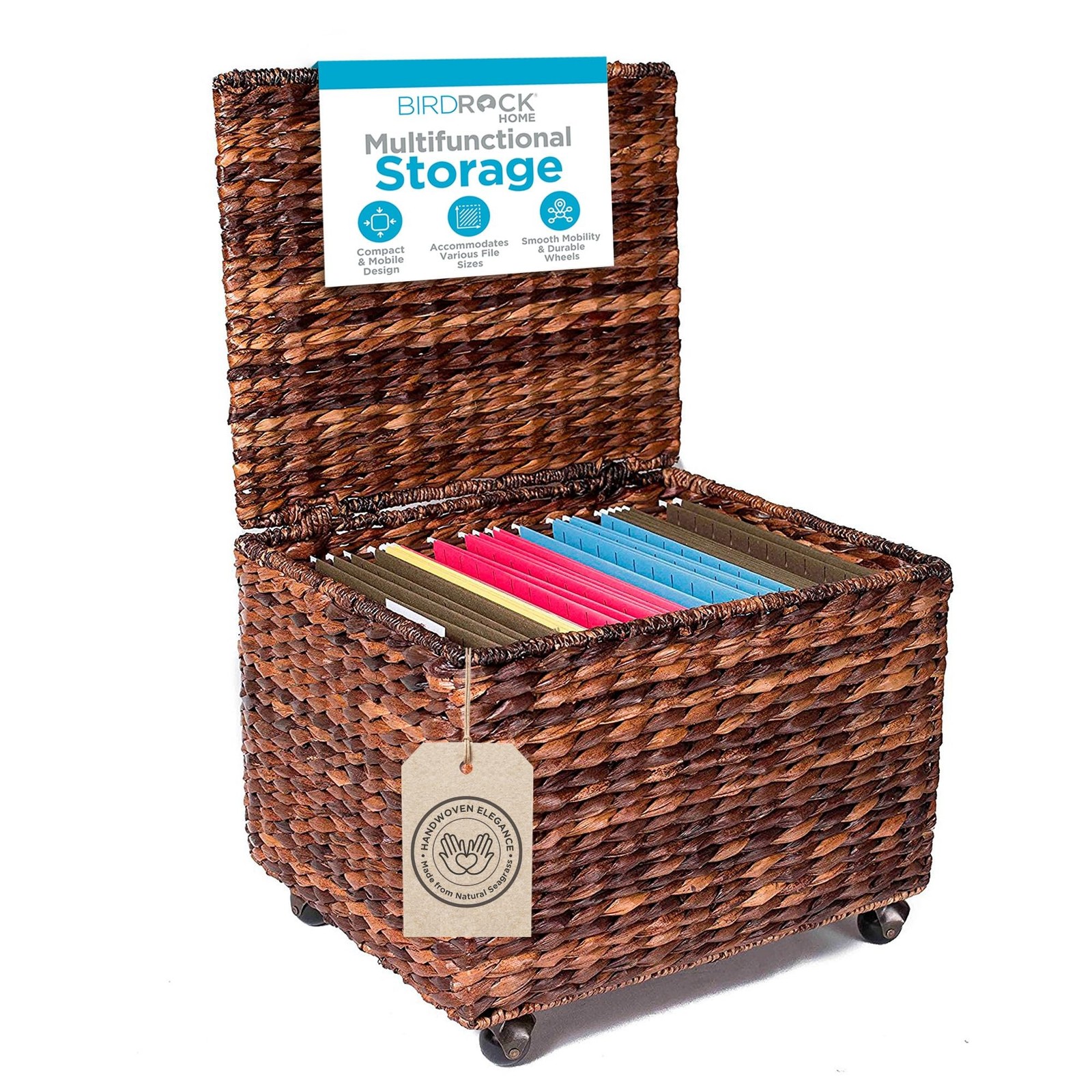 BIRDROCK HOME Seagrass Rolling File Cabinet - Storage Organizer Box with Lid ...