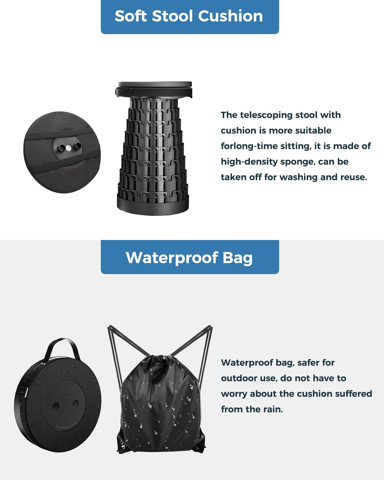 Upgraded Collapsible Stool with Removable Cushion & Waterproof Carry Bag - Po...