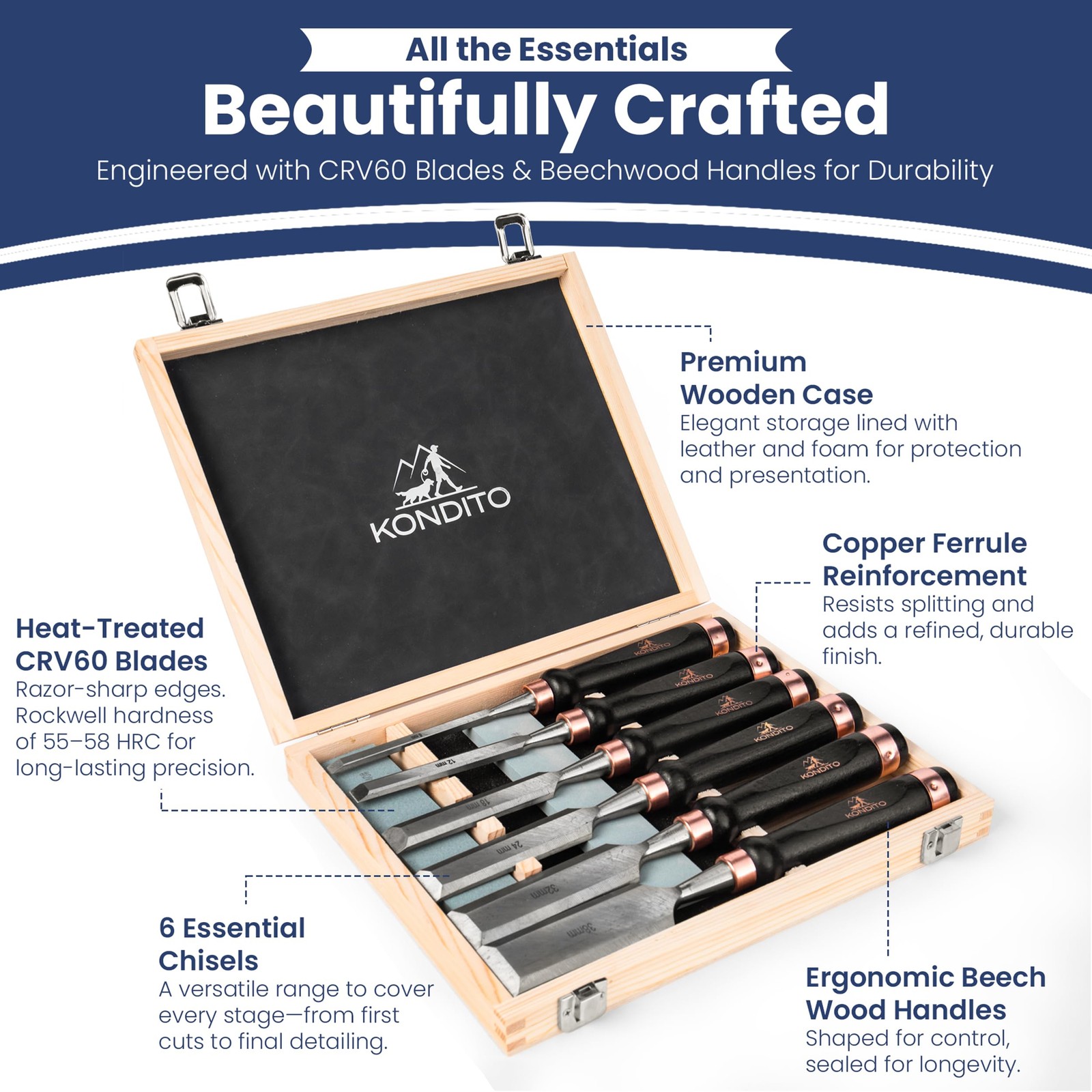 Professional Wood Chisel Set – Complete Chisel Kit with 6 CRV60 Steel Blades ...