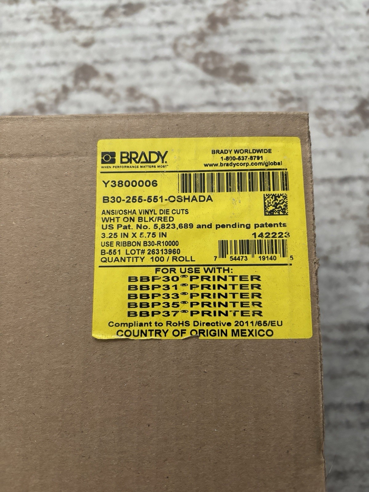 Brady B30-255-551-OSHADA VINYL DIE CUT 3.25 X 5.75