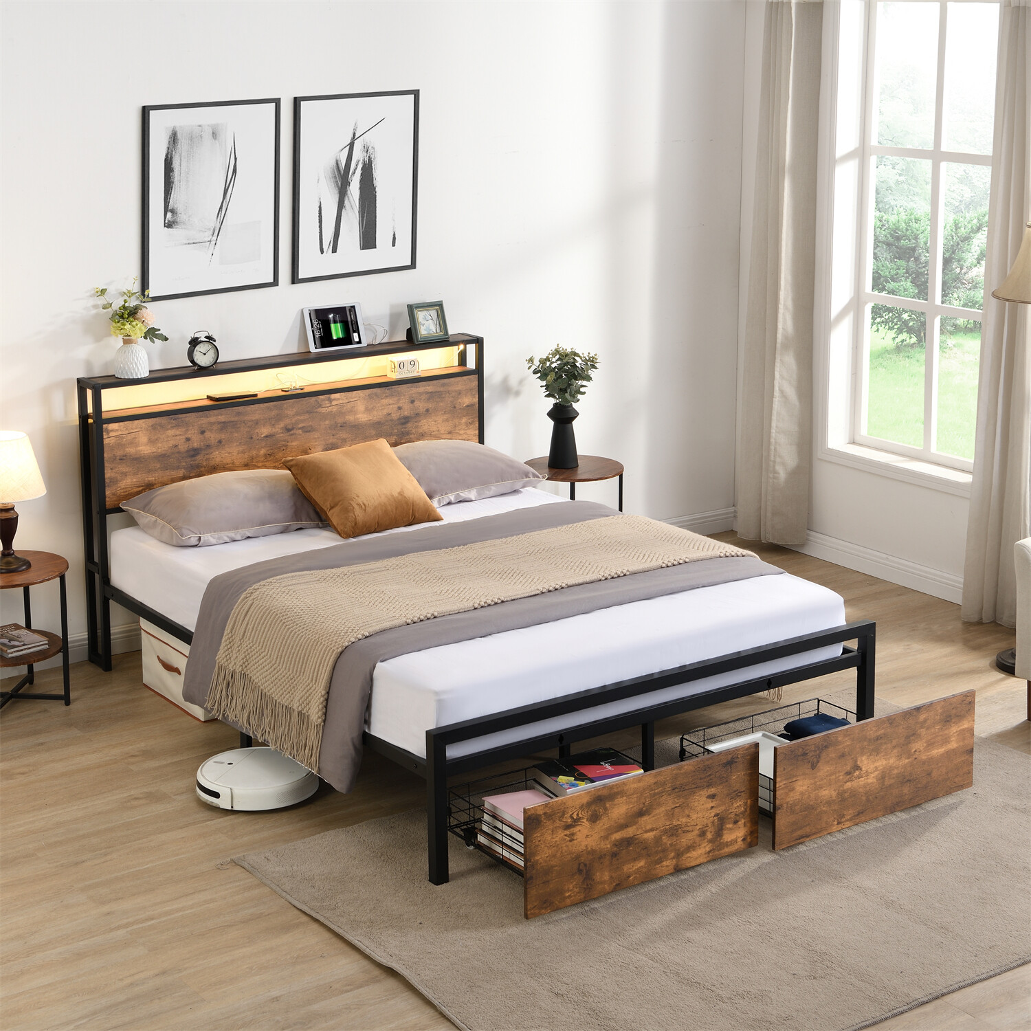 Queen Size Bed Frame with Storage Headboard & 2 Drawer Metal Platform Bed New