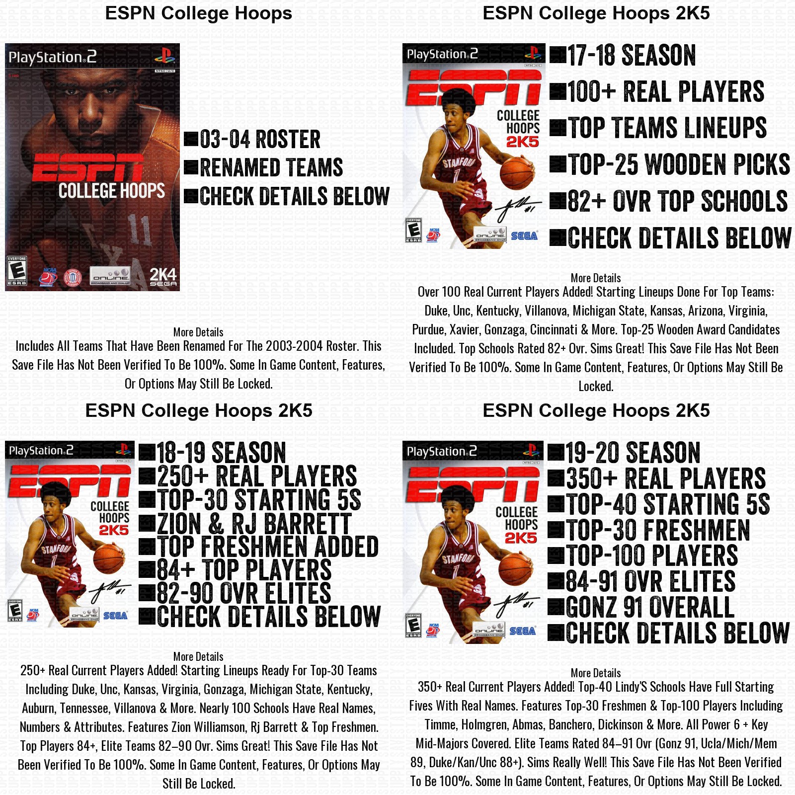 ESPN College Hoops 2K5 Roster Update Playstation PS2 PS3 Memory Card USB