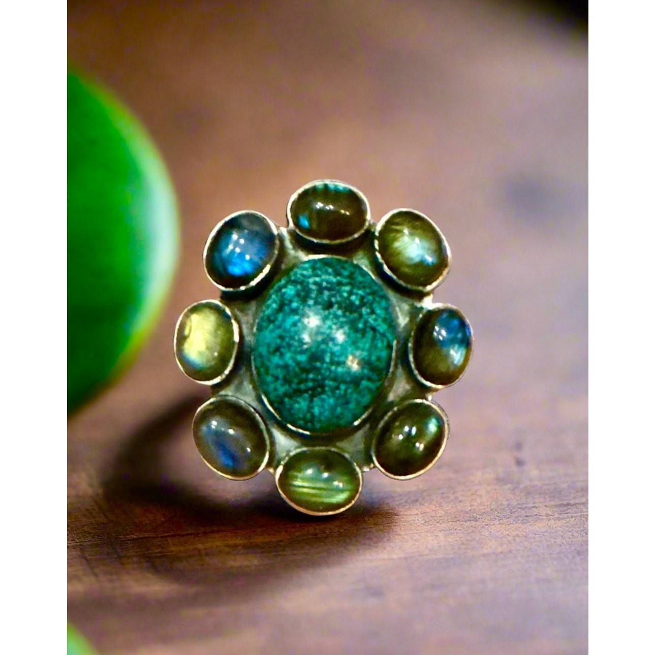 Spiderweb Turquoise & Labradorite Oval Cluster Ring Size 10