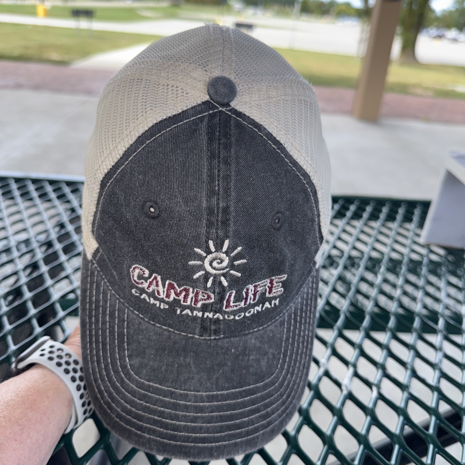 Camp Tannadoonah Camp Life w Logo Trucker Hat Dark Gray White Snapback EUC