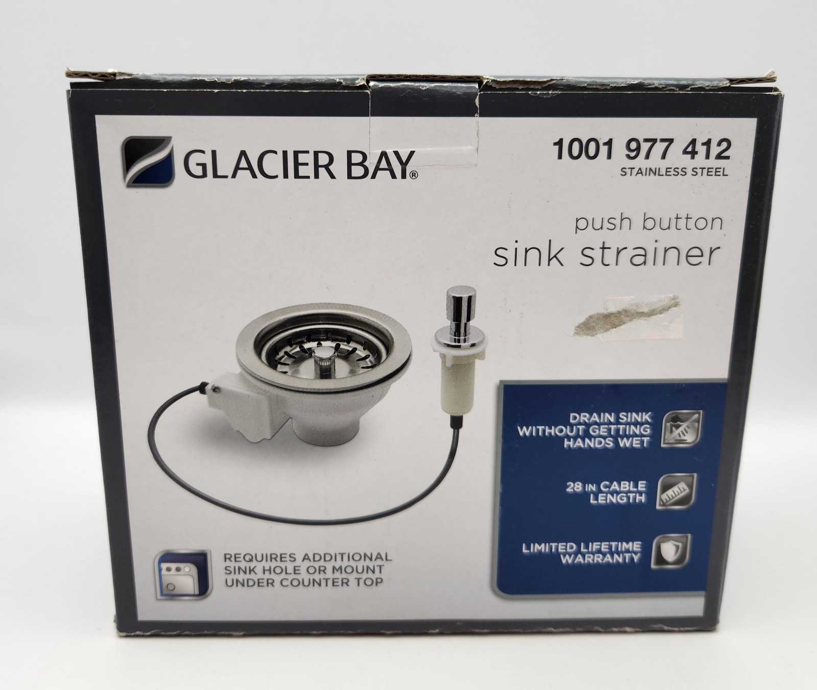 Glacier Bay Push Button Sink Strainer Stainless Steel NEW 28 in Cable Length